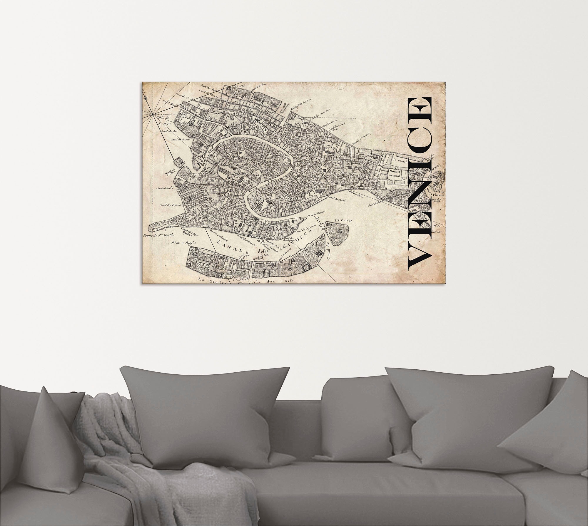 Artland Wandbild »Venedig Karte Straßen Karte Grunge«, Italien, (1 St.), als Alubild, Leinwandbild, Wandaufkleber oder Poster in versch. Größen