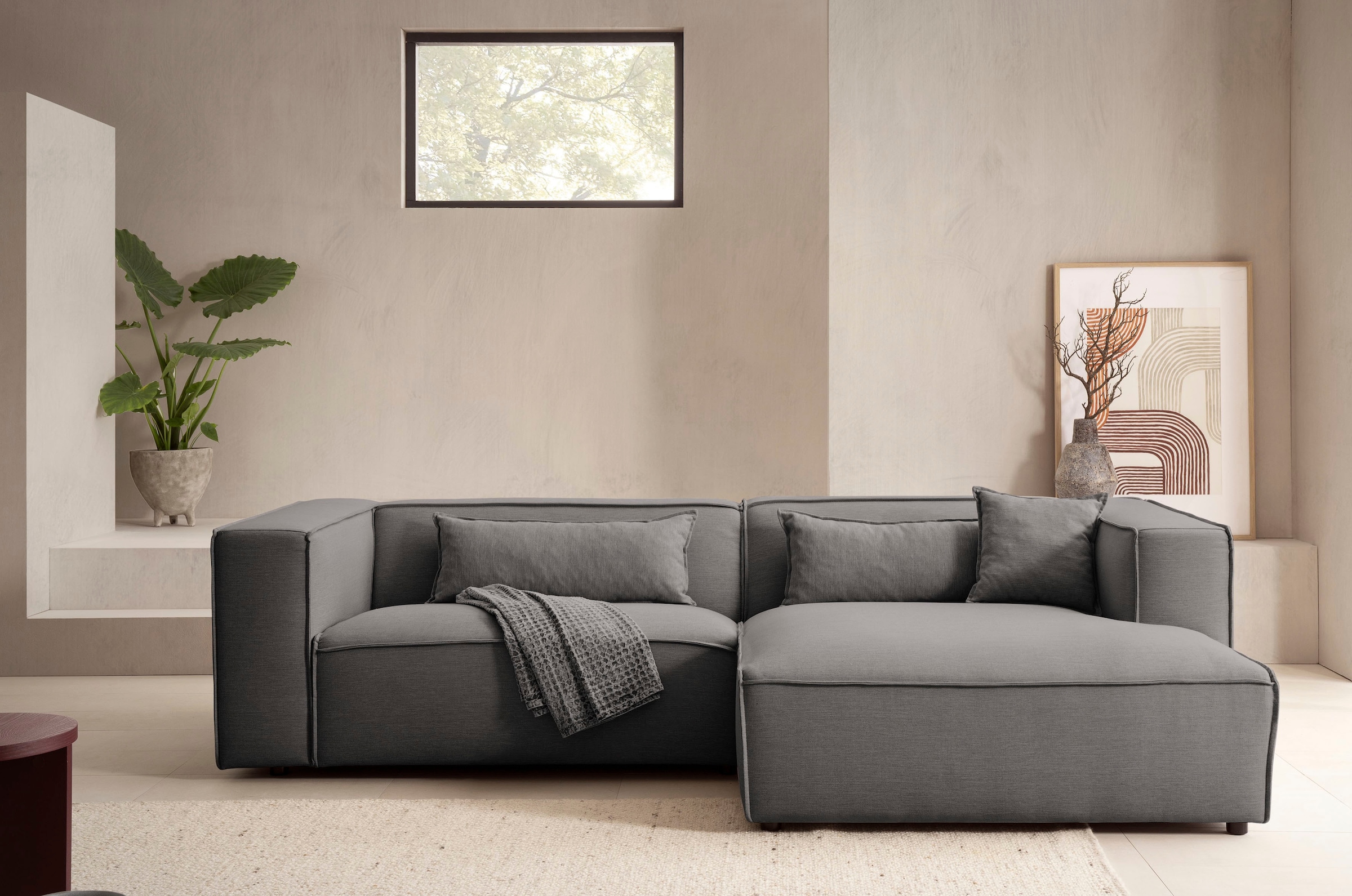 LeGer Home by Lena Gercke Ecksofa »PIARA mit Kedernaht in Cord oder Leinenoptik, moderne Couch in L-Form«, wahlweise Ottomane rechts/links, schwarze Füße, bequemer Sitzkomfort