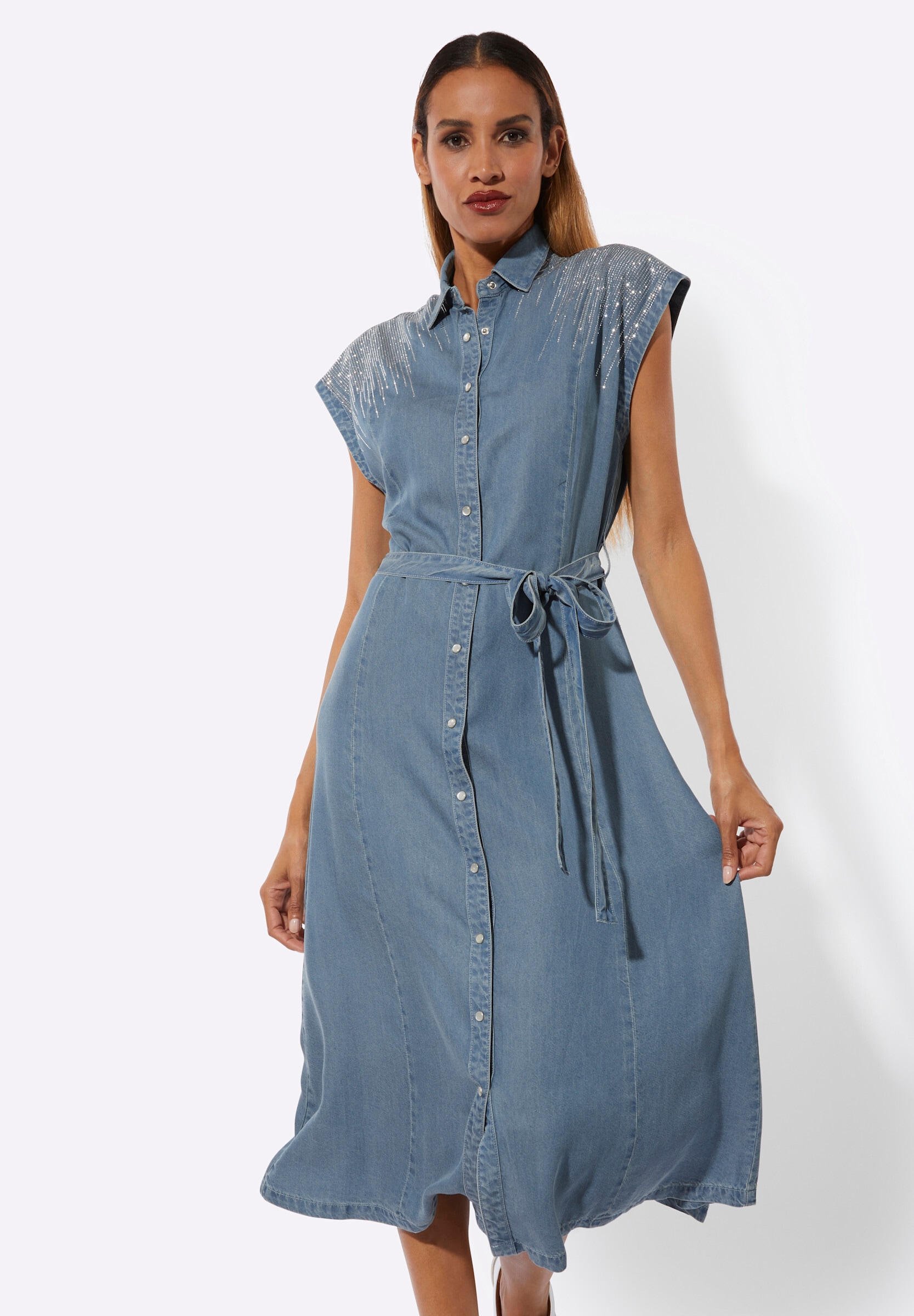 creation L Jeanskleid »Lyocell-Jeans-Kleid Jeanskleid mit Glitzersteinchen vorne und hinten« Ohne Taschen