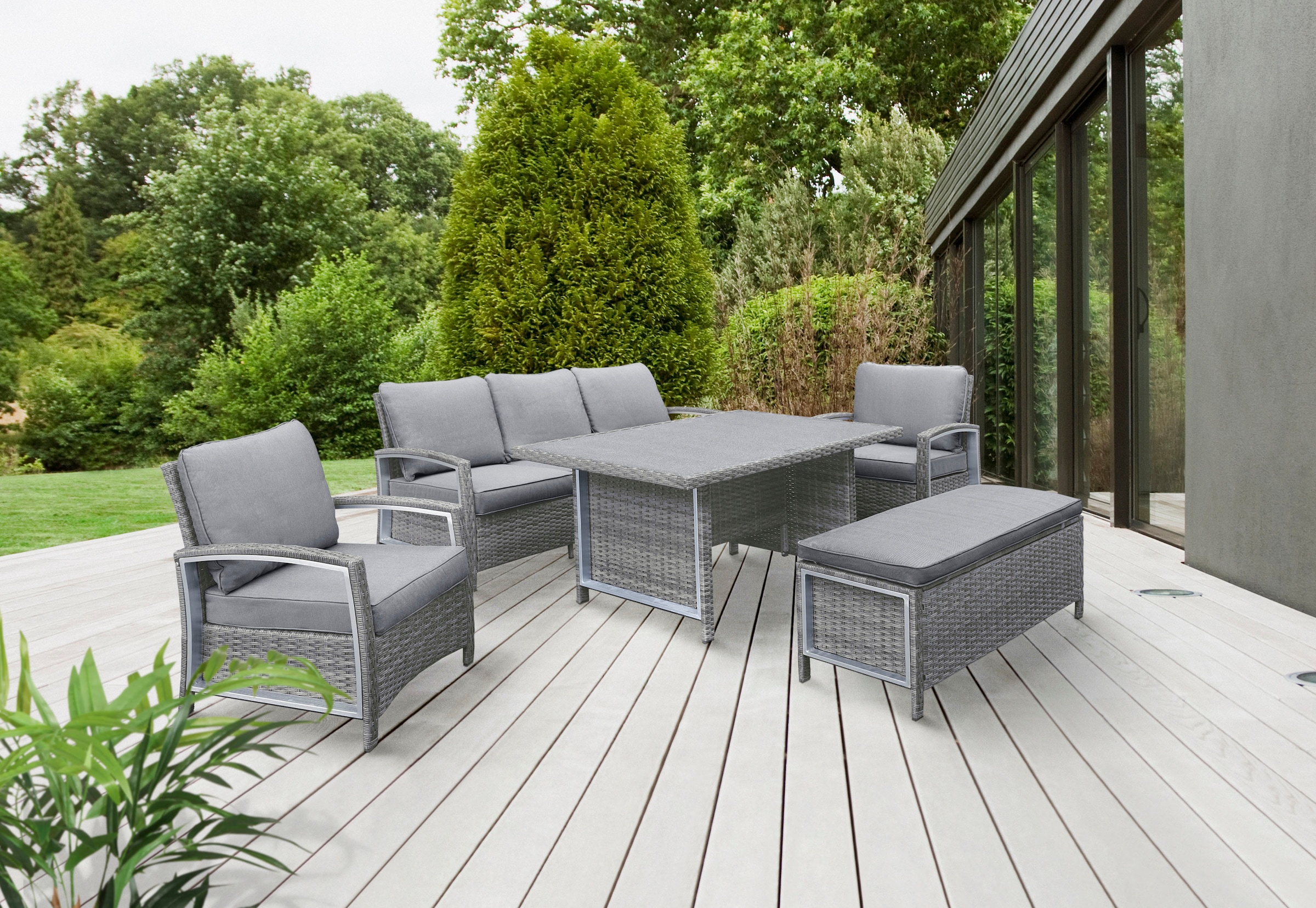 KONIFERA Gartenlounge-Set »Montgomery«, (Set, 5 tlg., 1x3erBank, 2x Sessel, 1x Sitzbank, 1x Tisch 145x85x70 cm), inkl. Auflagen, Alu, Polyrattan