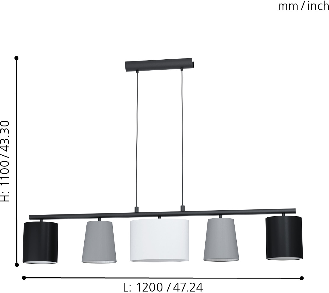 EGLO Hängeleuchte »ALMEIDA 1«, 5 flammig, Leuchtmittel E14 | Leuchtmittel wechselbar-ohne Leuchtmittel, schwarz / L120 x H110 x B25,5cm / exkl. 5 x E14 / Stoff Lampenschirme