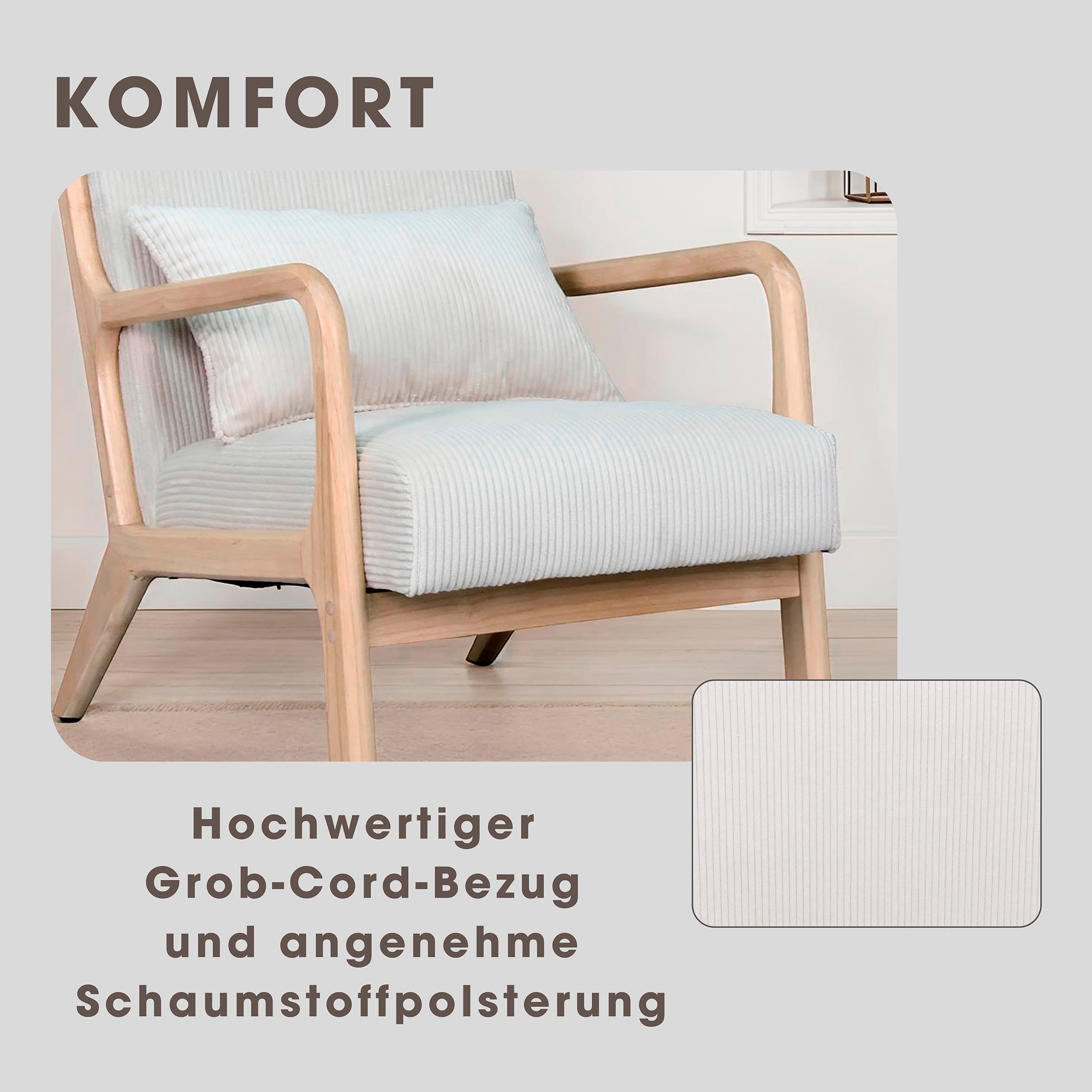 byLIVING Sessel »NOHR« Grob-Cord, Gestell Massivholz Rubberwood, Separates Zierkissen