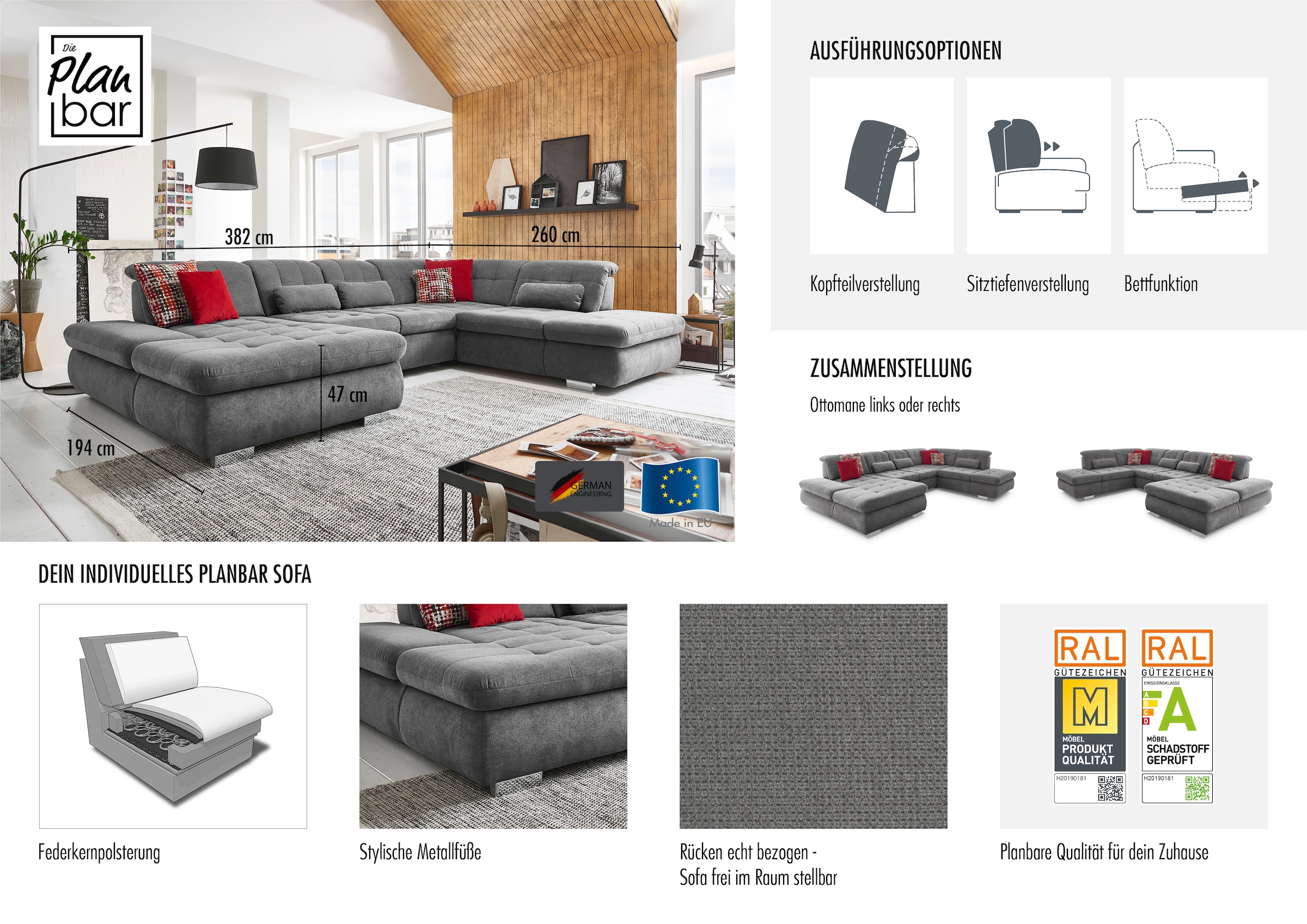 Die PlanBar Ecksofa »MP-IN17004 U-Form« wahlweise mit Funktionen, Federkern-Polsterung