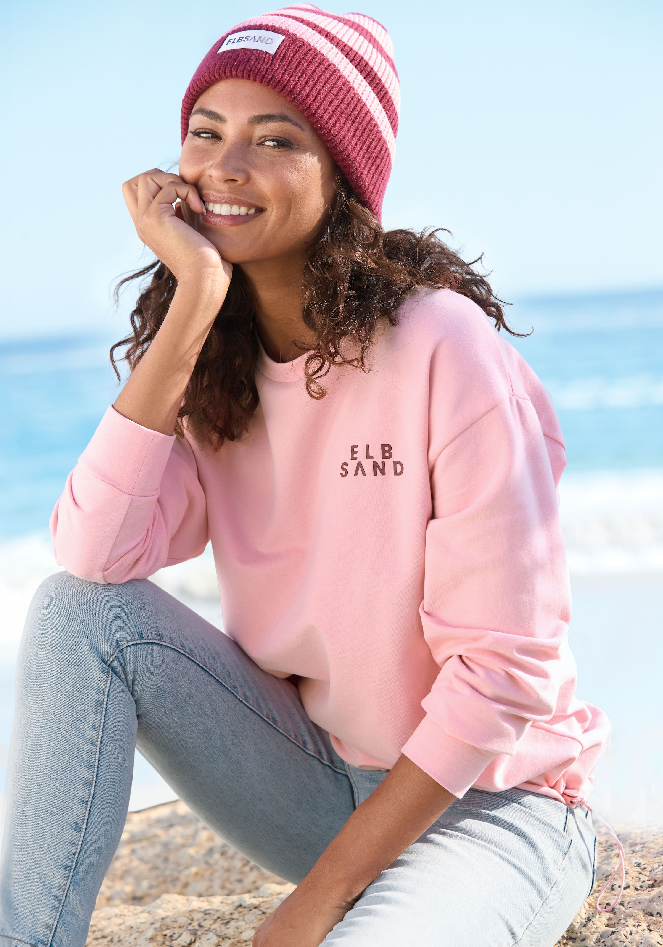 Elbsand Strickmütze , Beanie, Wintermütze, Mütze, Grobstrick mit Umschlag, Viskose