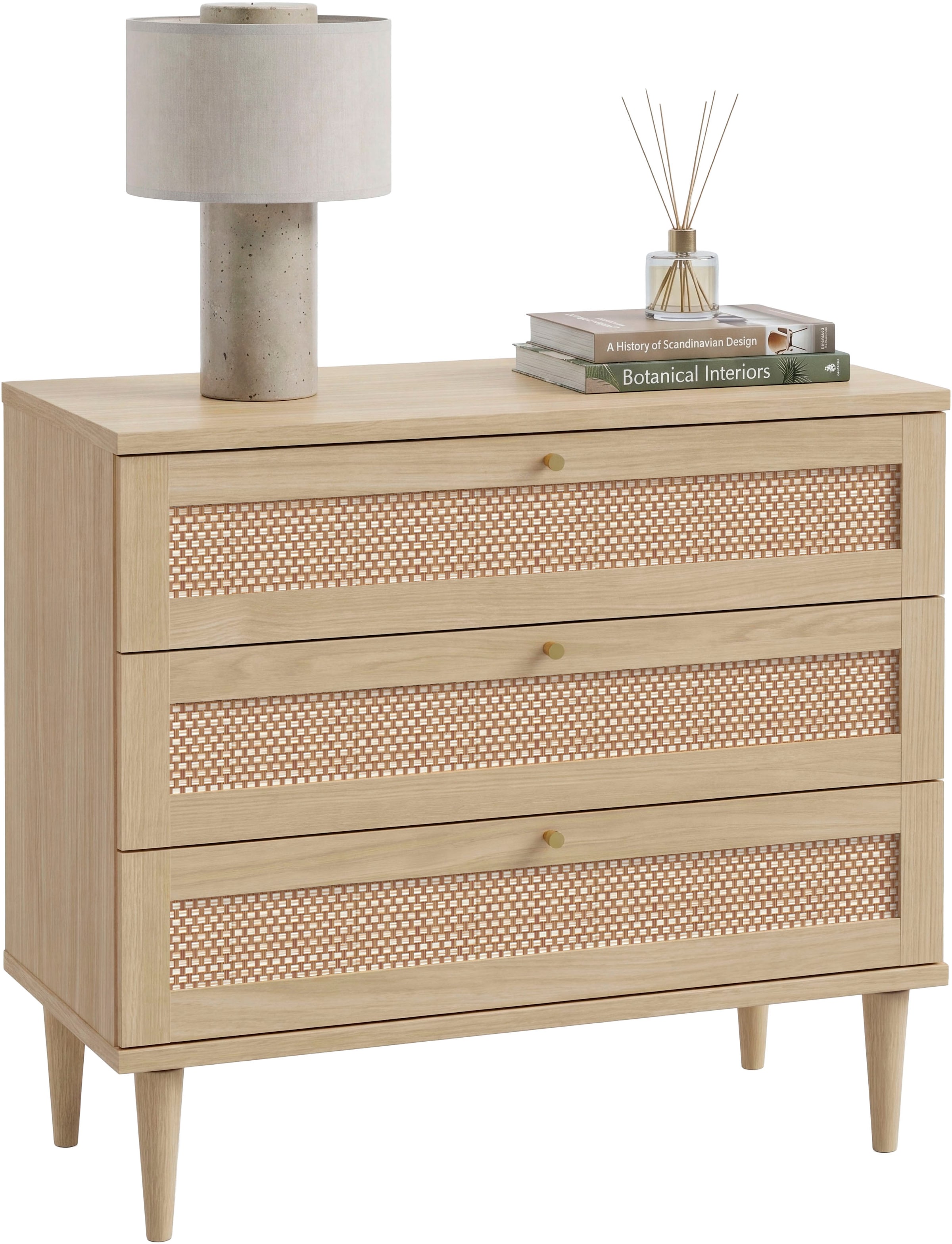 OTTO home Kommode »ELLIAN mit Geflechtoptik warmes Holzdekor, 3 Schubkästen« Holzfüße, Metallgriffe, Made in EU, viel Stauraum
