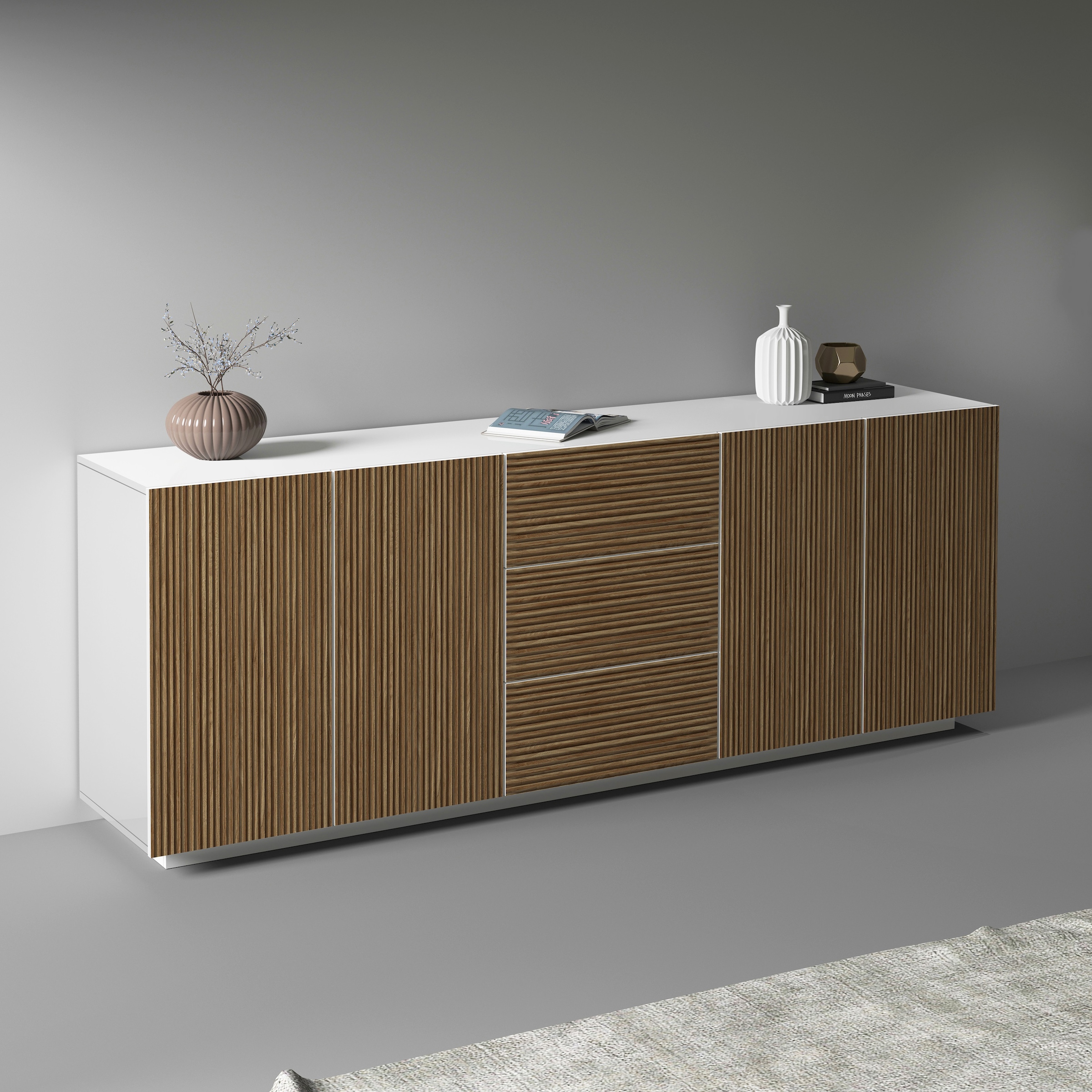 INOSIGN Sideboard »Vega Sideboard,Kommode,220 cm« mit 4 Türen und 3 Schubladen,Fronten mit Rillen-Optik