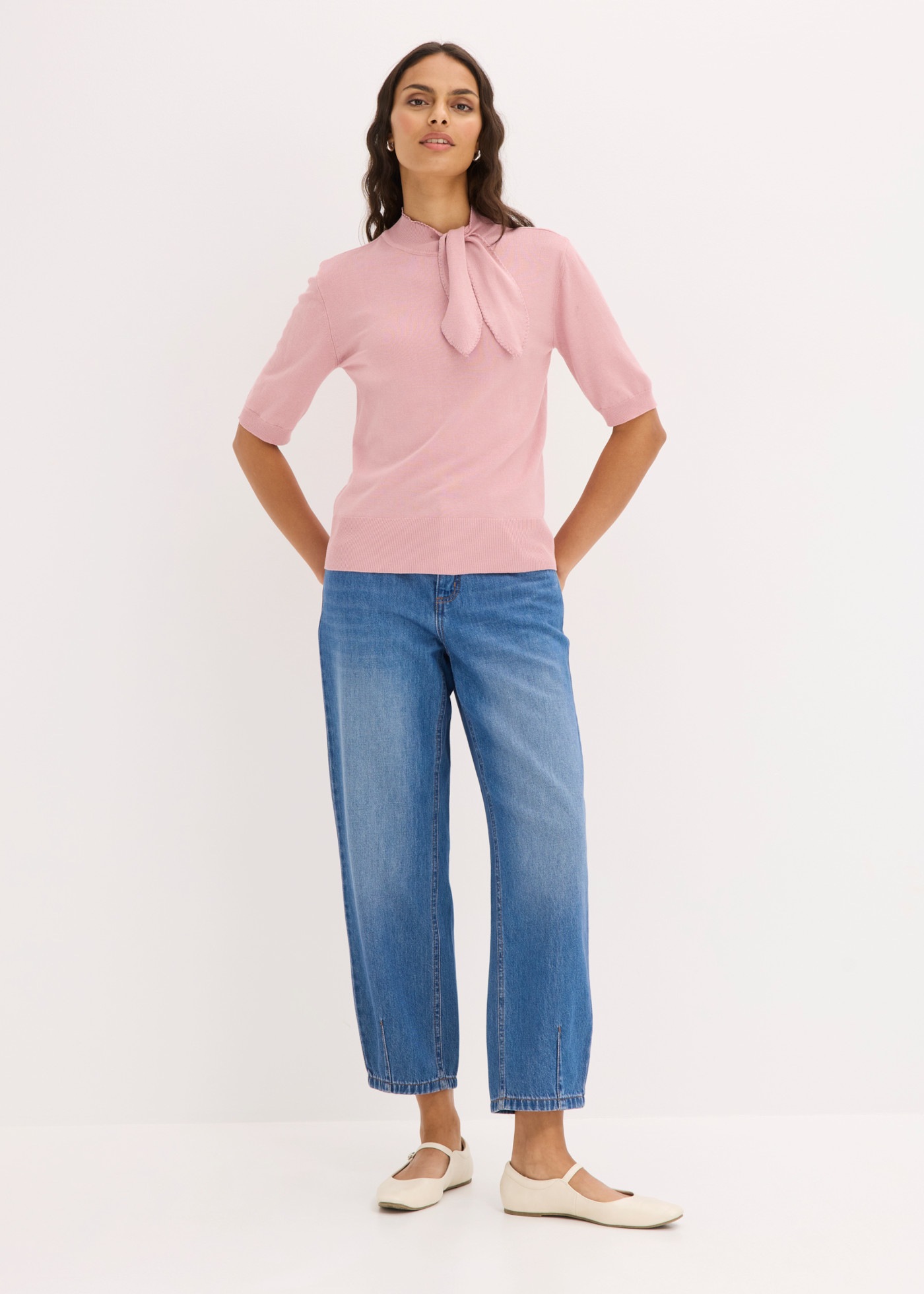 bonprix Strickpullover mit Schluppe, Halbarm, schmale Passform