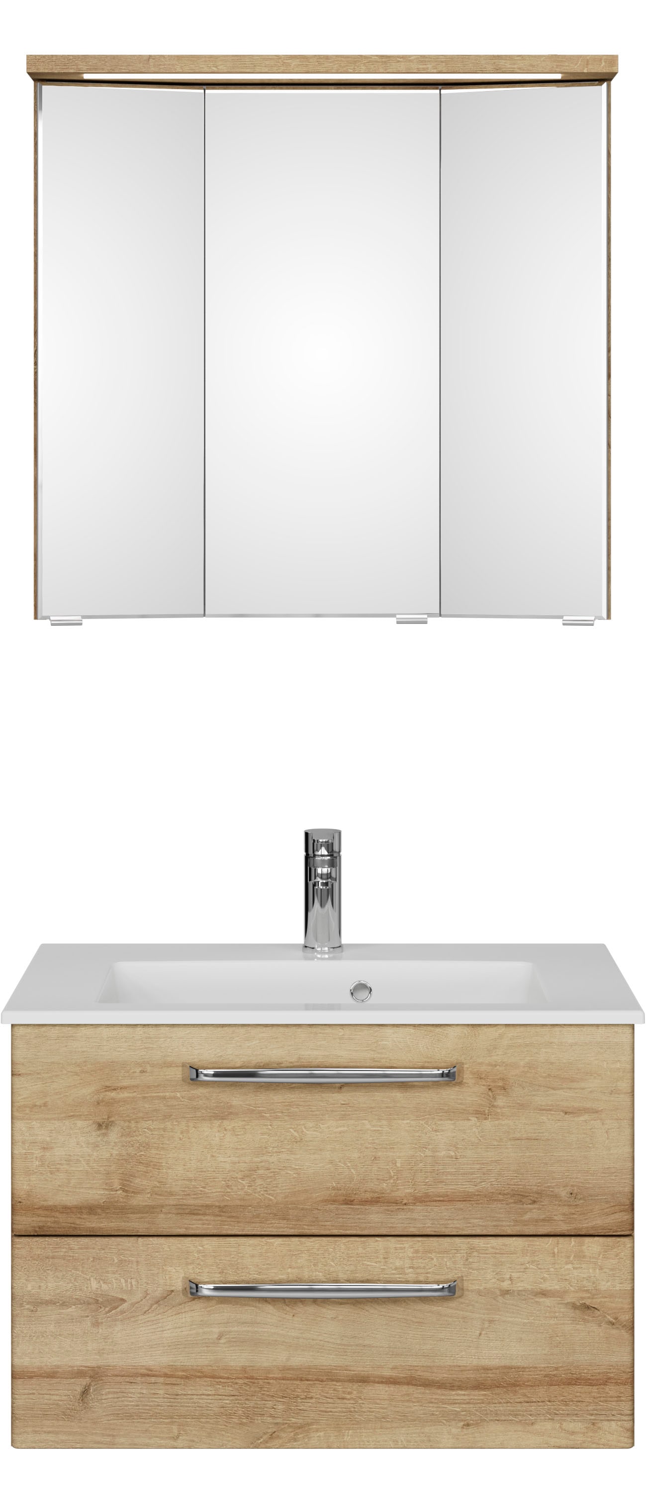 Saphir Badmöbel-Set »Trentino 2-teilig Mineralmarmor-Waschtisch mit LED-Spiegelschrank«, (3 St.), Badmöbel-Set 77cm breit, inkl. Türdämpfer, 3 Türen, 2 Auszügen
