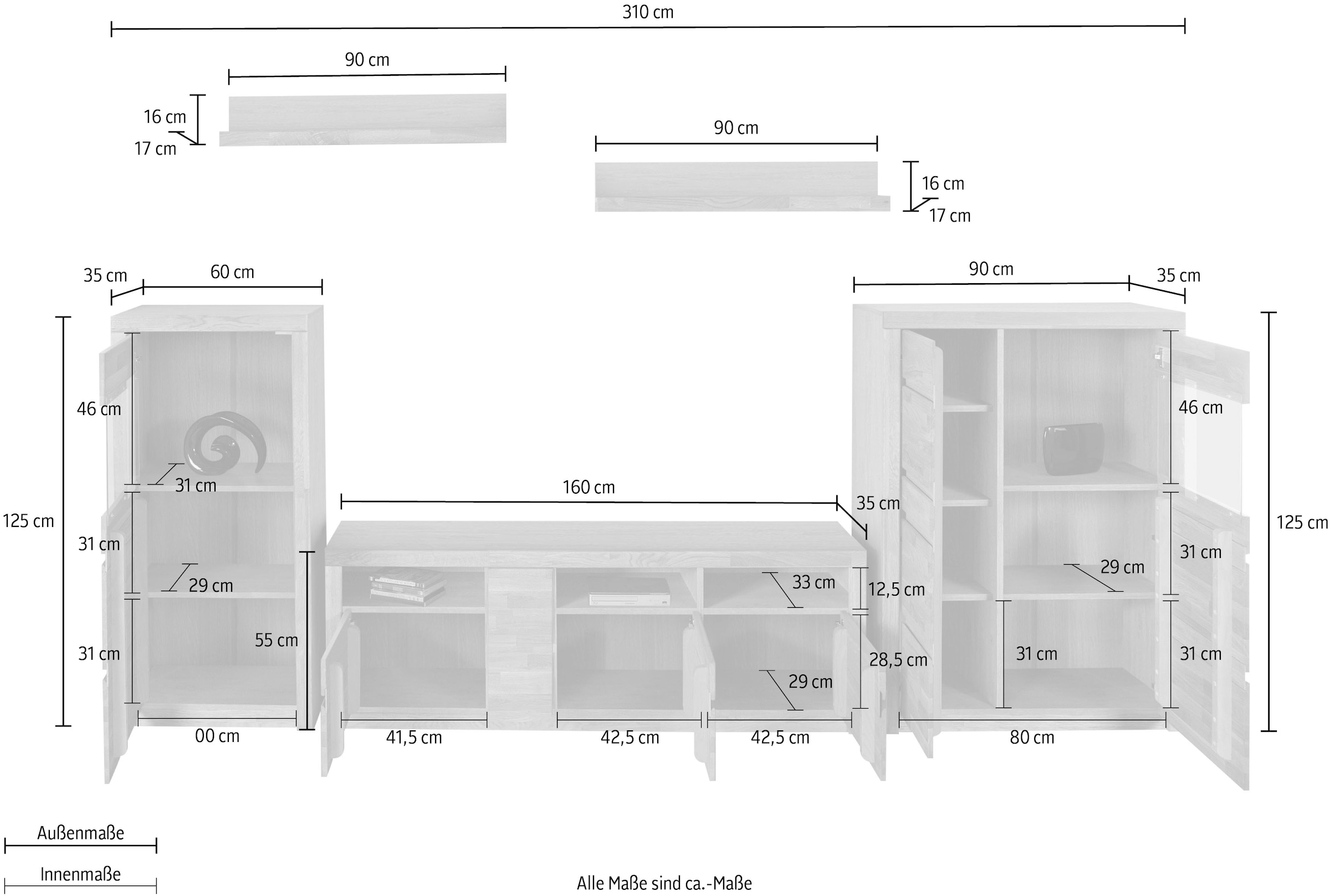 Home affaire Wohnwand »Silkeborg«, (Set, 5 St.), teilmassiv mit schöner griffloser Optik