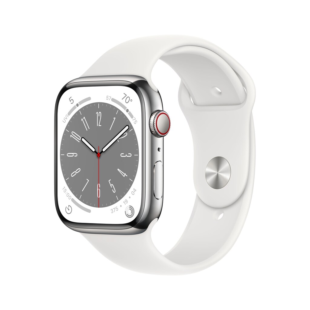 Apple Smartwatch »Series 8, GPS + Cellular, Edelstahl-Gehäuse, 45 mm mit Sportarmband«, (Watch OS)