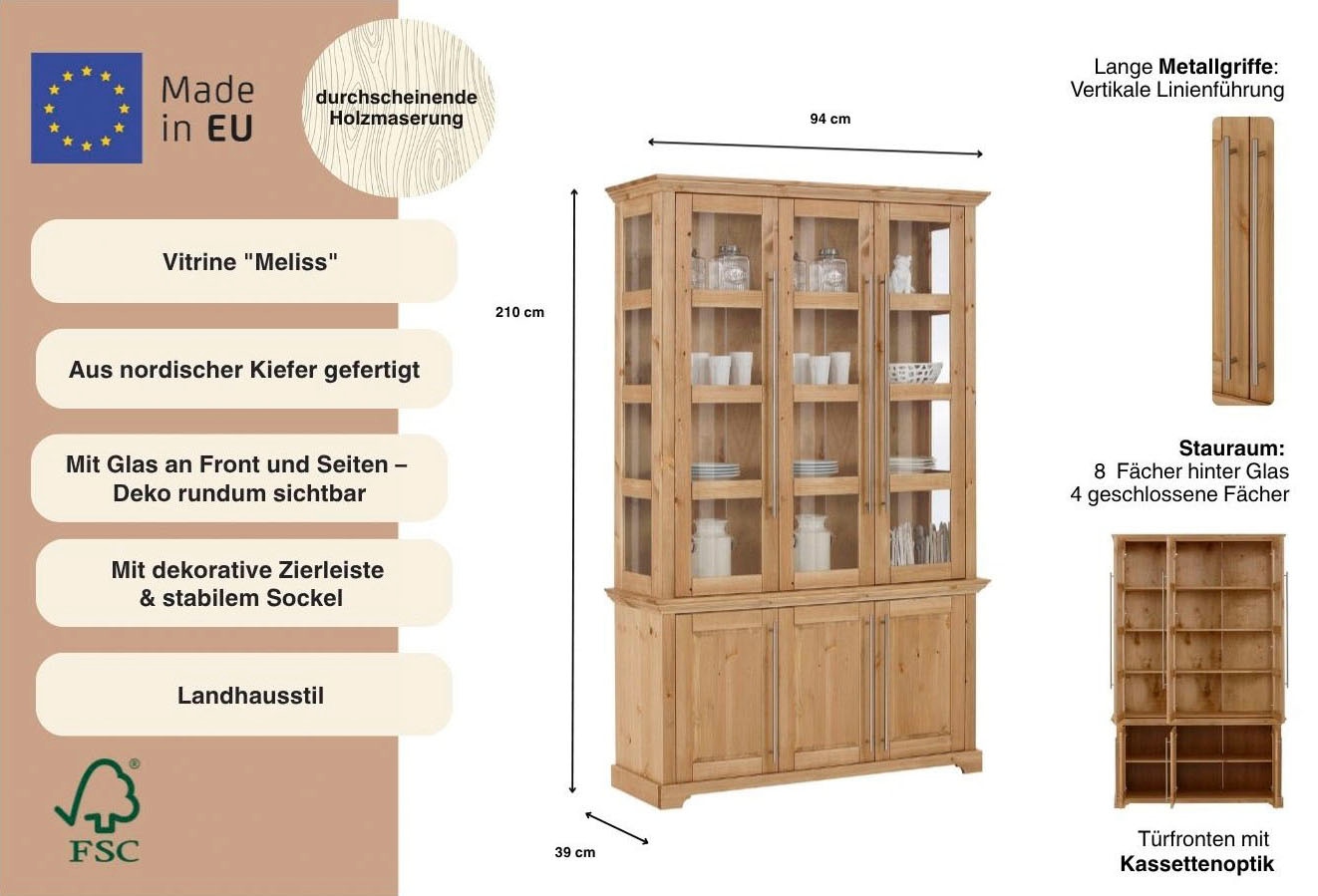 Home affaire Vitrine »Meliss« aus massiver Kiefer, FSC® zertifiziert, Breite 132 cm