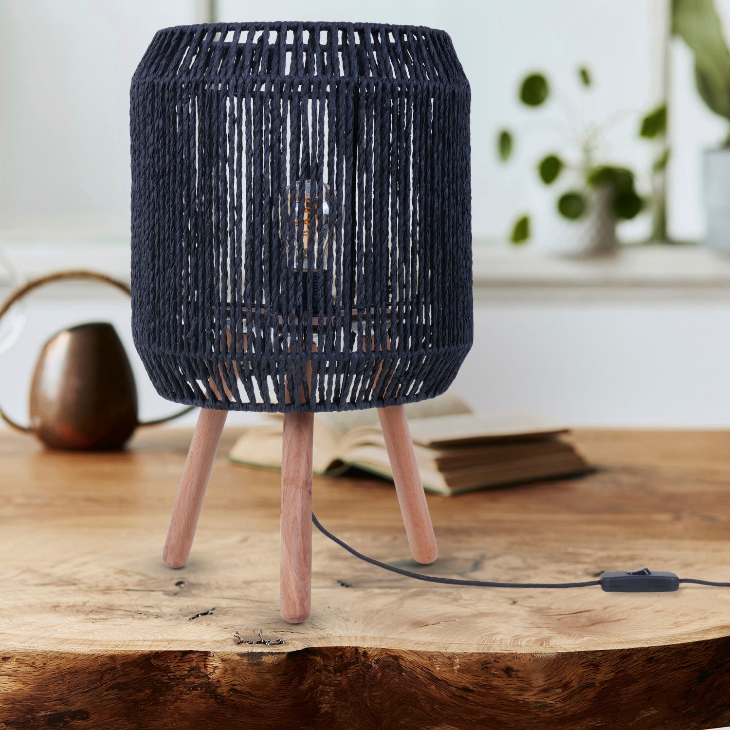 Paco Home Tischleuchte »SOL«, Leuchtmittel E27 | ohne Leuchtmittel, Boho Deko Lampenschirm Korb Holz E27