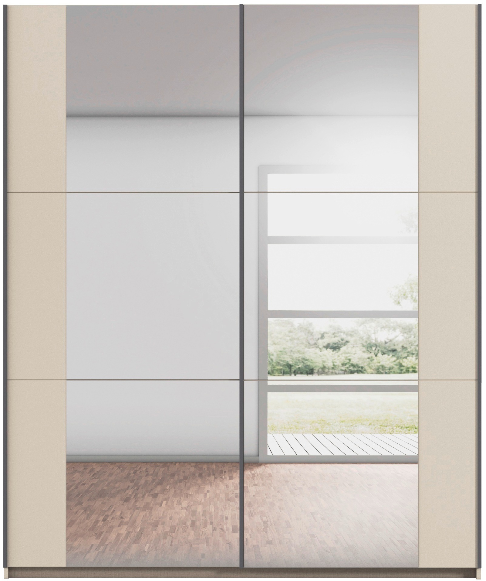 rauch Schwebetürenschrank »Kleiderschrank Drehtürenschrank Schrank Garderobe KRONACH« in 3 Ausstattungen BASIC/CLASSIC/PREMIUM, Breiten 131/175/218/261 cm,  optional ohne, mit 1 oder 2 Spiegel, viel Stauraum MADE IN GERMANY