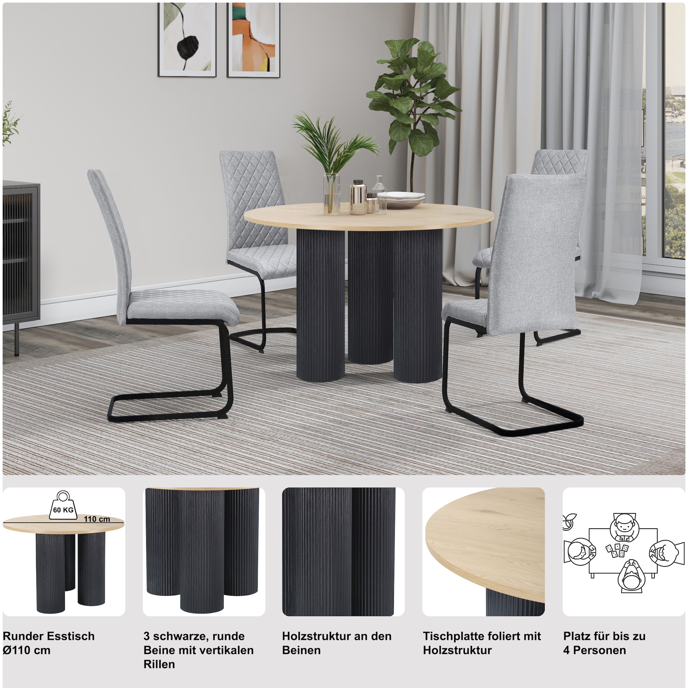 OTTO home Esstisch »Mandan« rund, 110x110 cm, 25 cm runde Beine mit Rillenstruktur, Höhe 76 cm