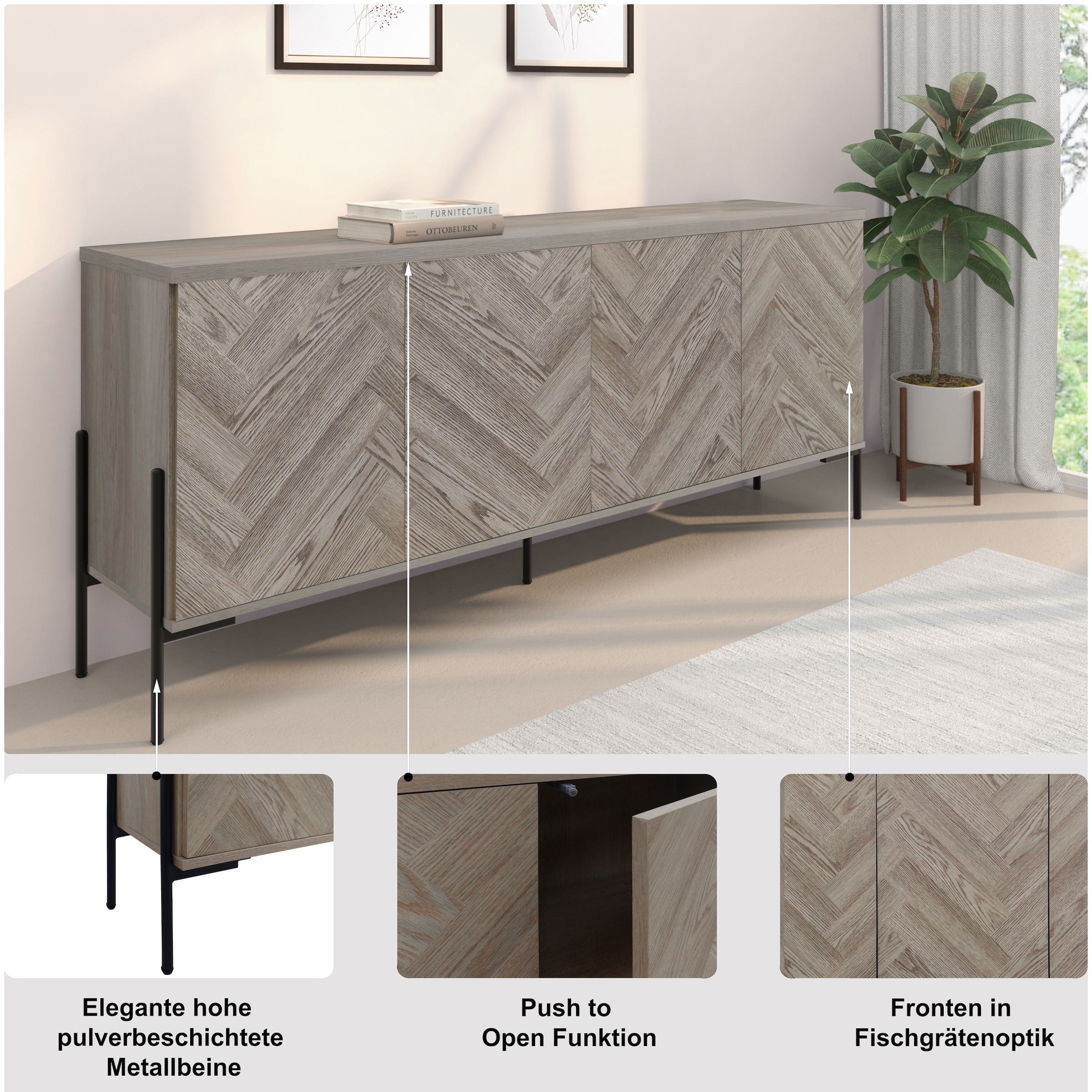 OTTO home Sideboard »Eadwine« Kommode, Push-to-open, Türen mit Fischgräten Muster, Breite 175 cm