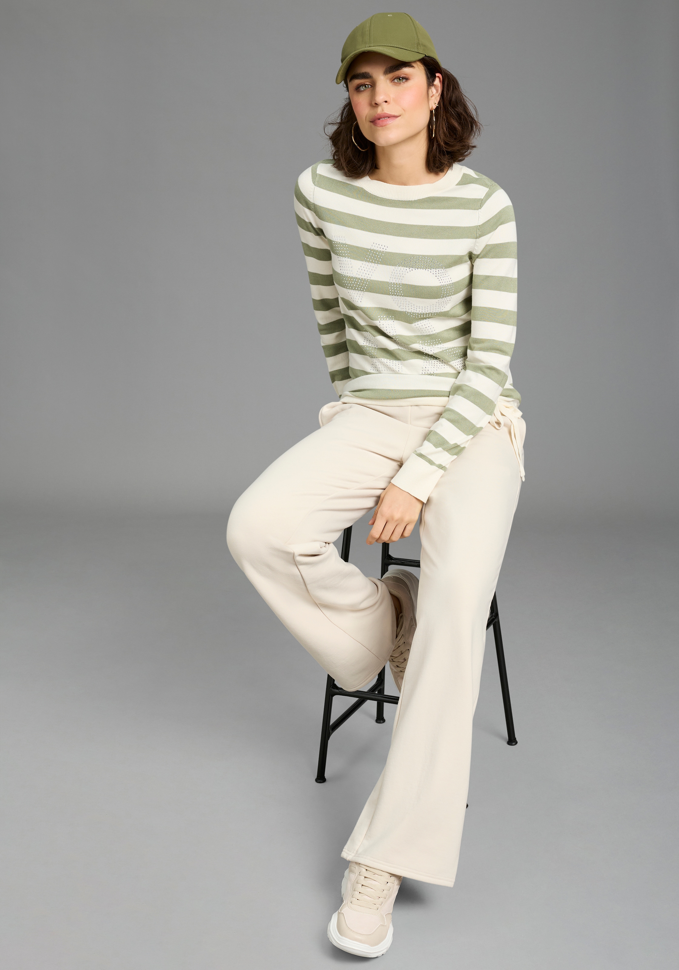 Laura Scott Streifenpullover leichter Übergangspullover mit Glitzerschrift und Bindeband