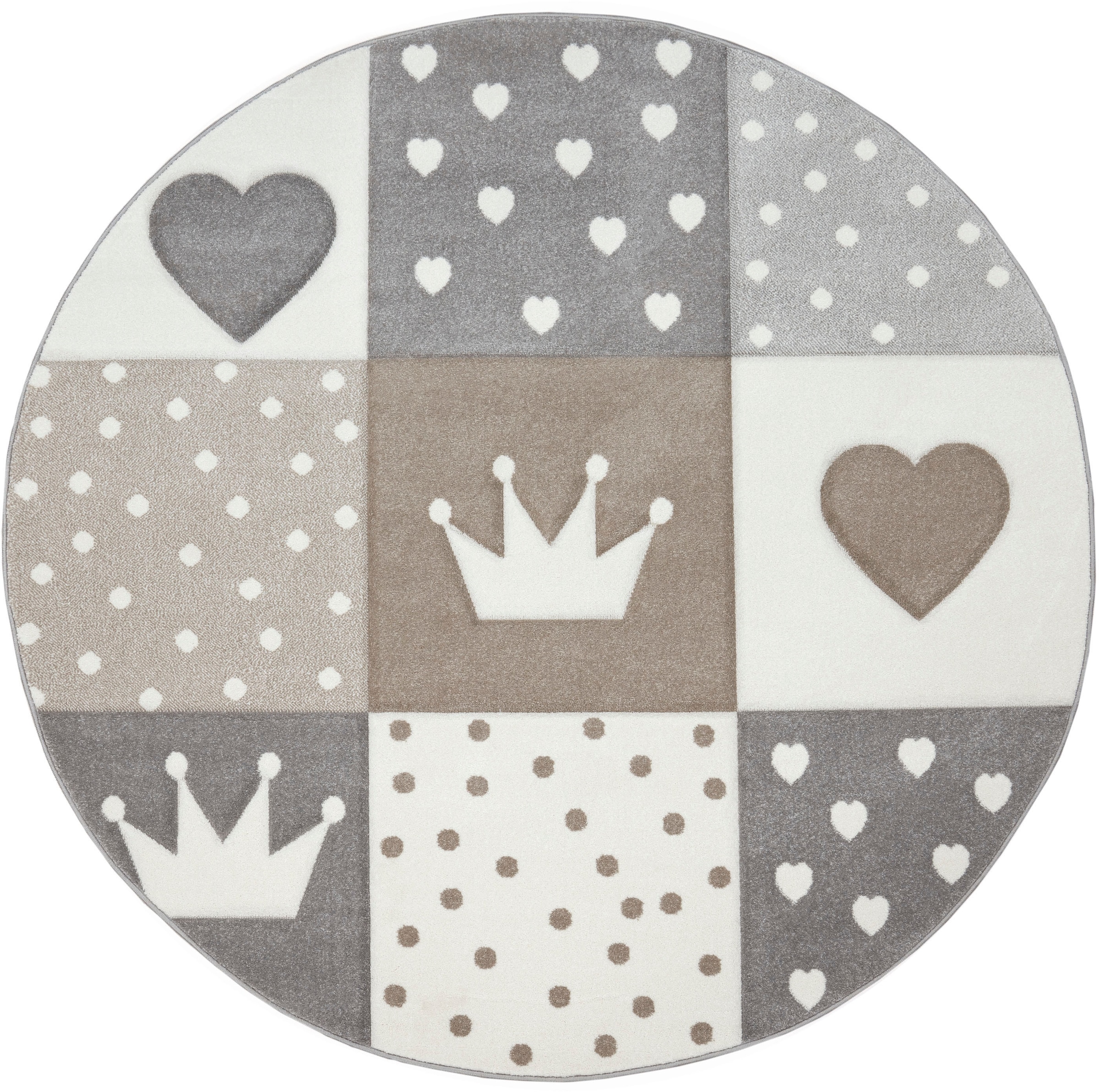 Paco Home Kinderteppich »Cosmo 339« rund 16 mm Höhe Kurzflor, Pastell-Farben, 3D-Effekt, Motiv Herz, Punkte & Krone