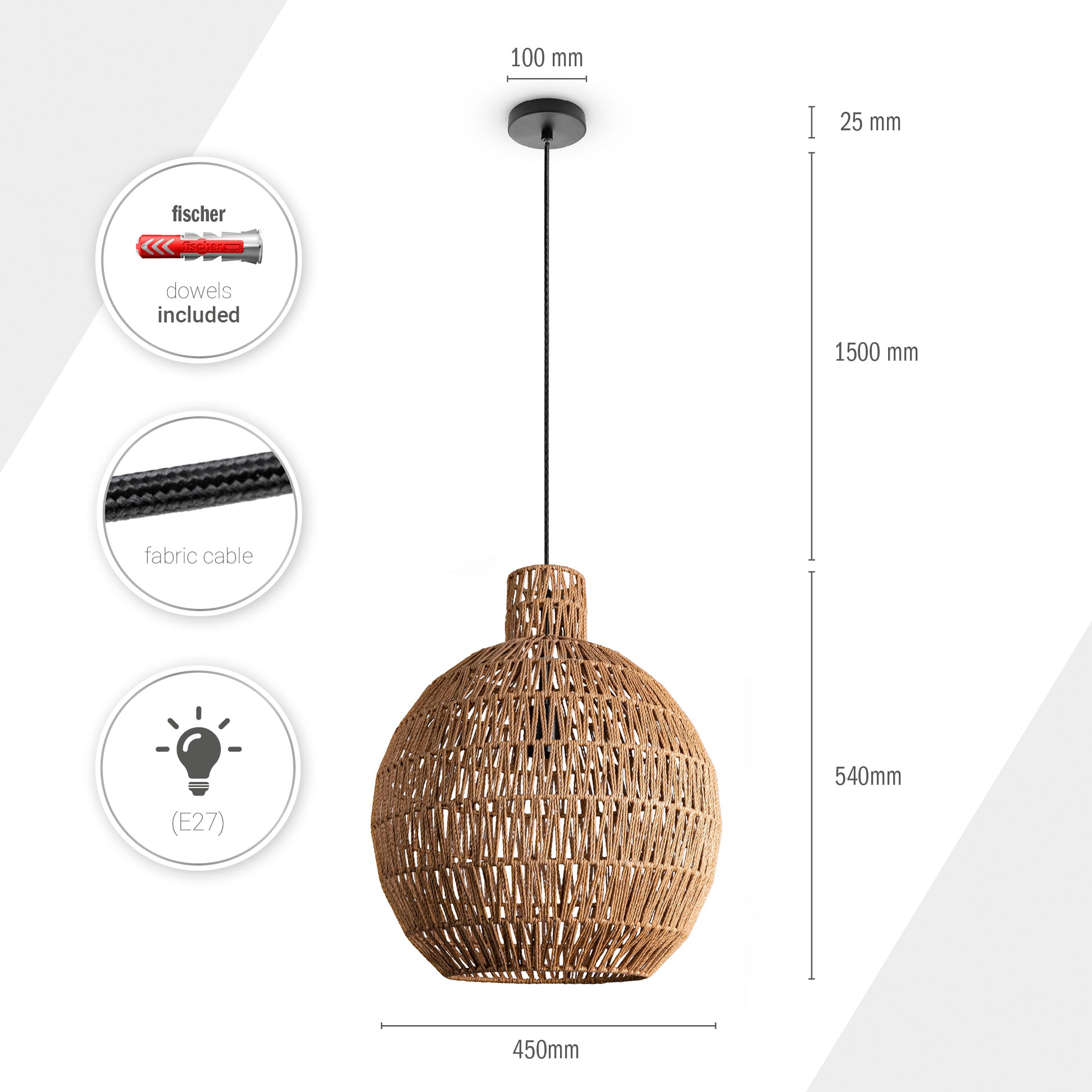 Paco Home Pendelleuchte »ULLA«, Leuchtmittel E27 | ohne Leuchtmittel, Lampe Papier Pendellampe Rustikal Korb LED Boho Rattan Optik E27