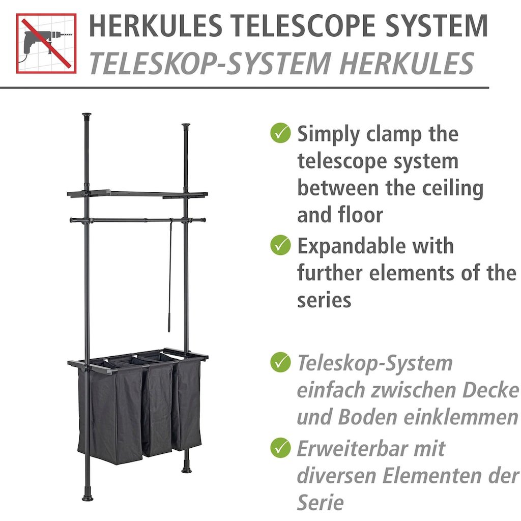 WENKO Wäschesortierer »Herkules (Teleskopsystem)«, Befestigung ohne Bohren, einfaches Einklemmen, 3 Wäschefächer