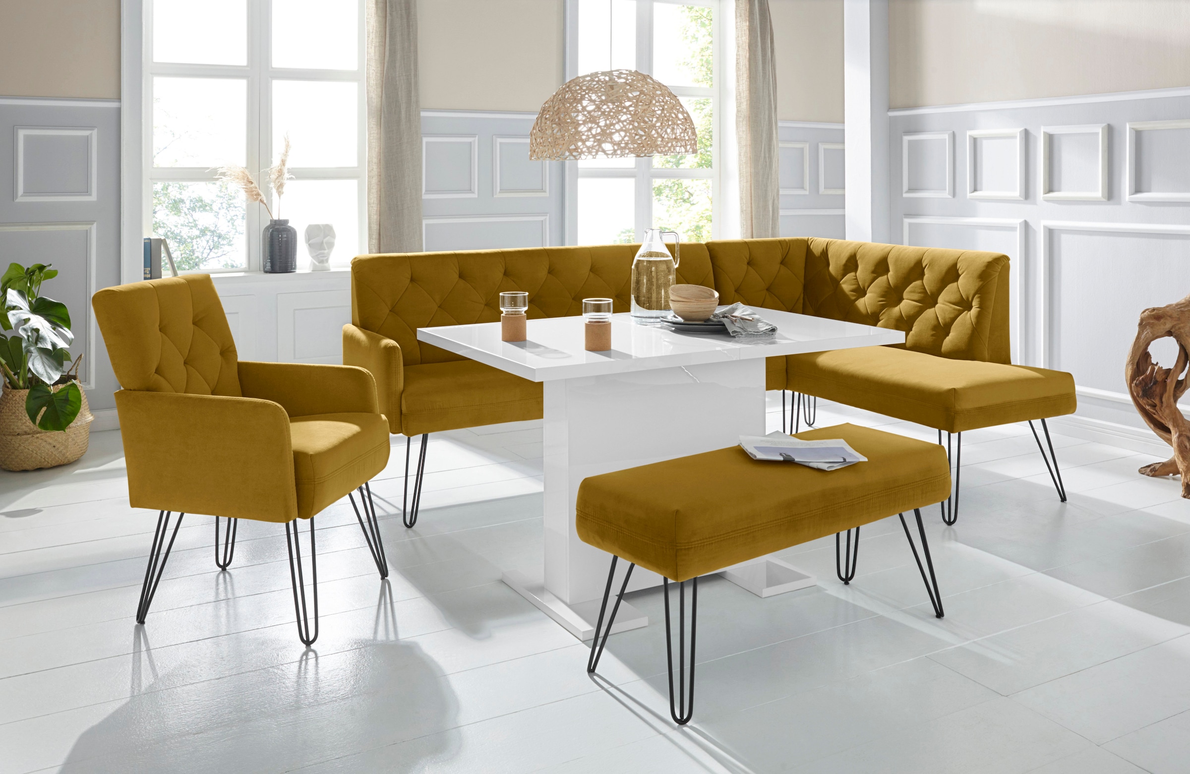 exxpo - sofa fashion Eckbank »Doppio, Chesterfield Optik, komfortabel und bequem, hohe Designfüße«, Frei im Raum stellbar