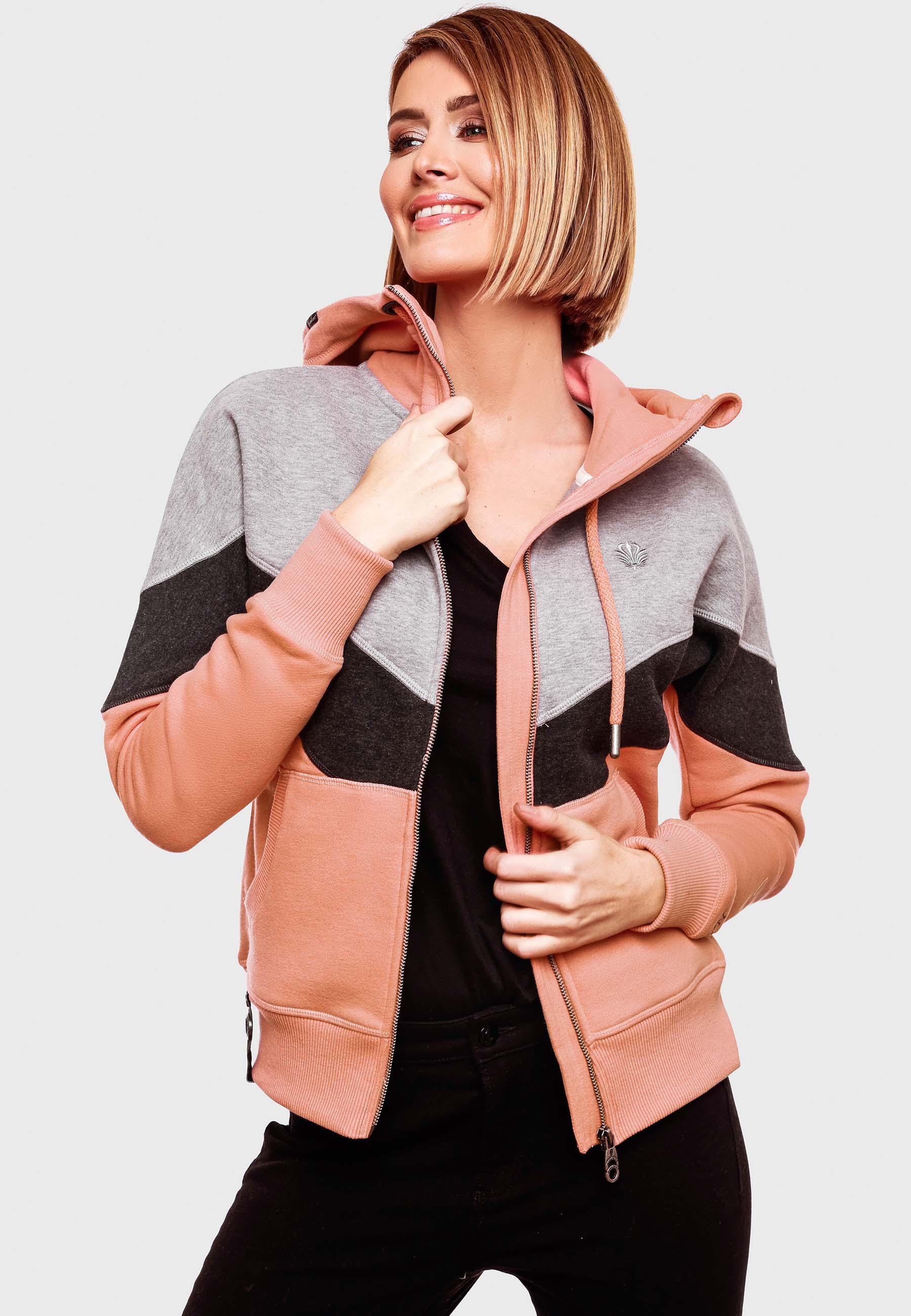 Navahoo Kapuzensweatjacke »Kapuzensweatjacke Honigperle«, Sportliche Damen Sweatjacke im Coloblocking-Stil