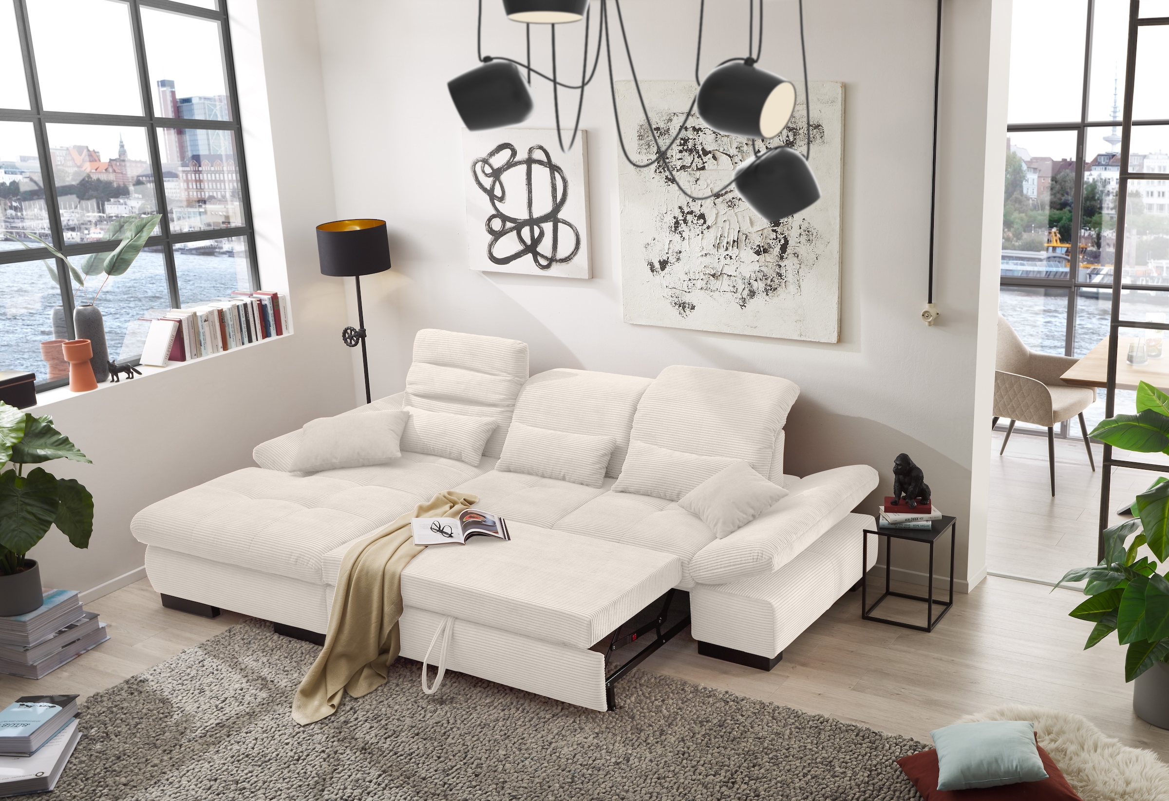 set one by Musterring Ecksofa »SO4100 V«, mit verstellbaren Kopfteilen, wahlweise mit Funktionen, Cord-Bezug