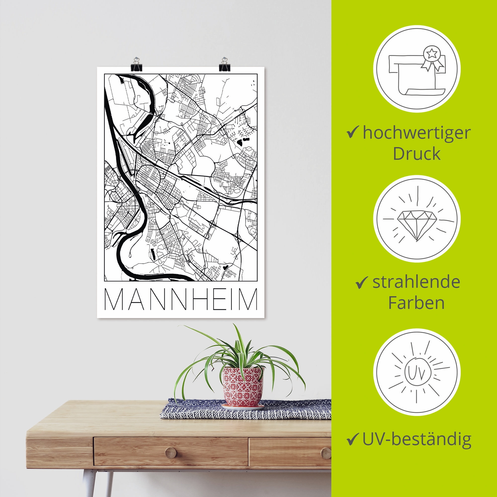 Artland Wandbild »Retro Karte Mannheim Deutschland«, Deutschland, (1 St.), als Alubild, Outdoorbild, Poster in verschied. Größen