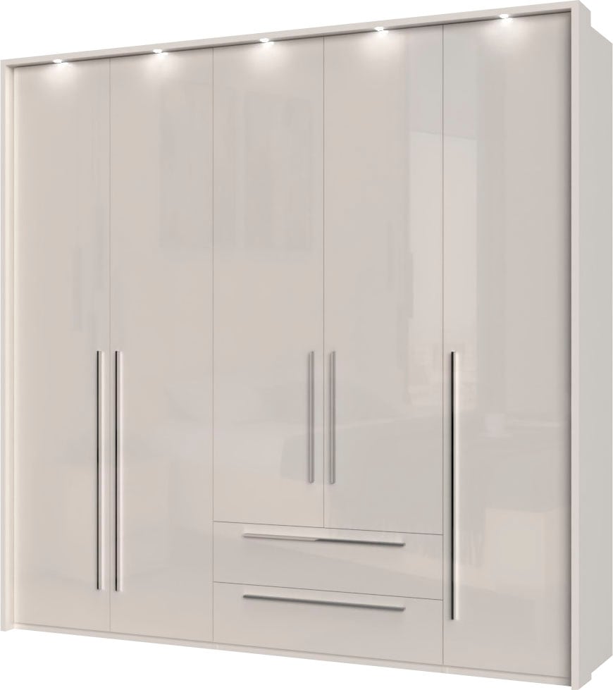 Places of Style Drehtürenschrank »Piano, inklusive Rahmen und Beleuchtung, soft-close-Funktion«, (viele Breiten zur Auswahl, 226cm hoch, mit jeweils 2 Schubladen), beige oder weiß, UV lackiert, Hochglanzfronten, FSC-zertifiziert