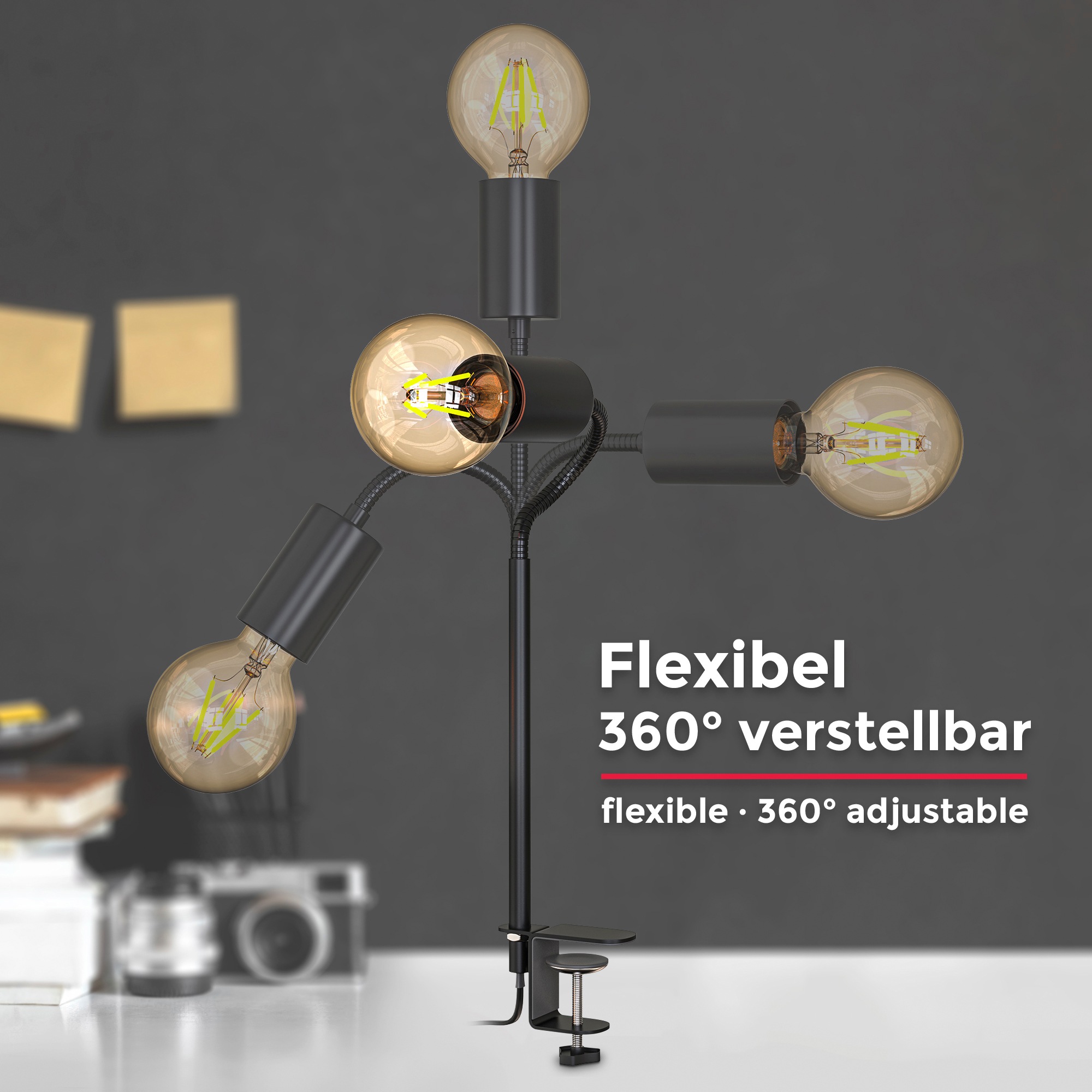 B.K.Licht Klemmleuchte  für Leuchtmittel E27, max. 10 Watt (ohne Leuchtmittel), inkl. Flexarm, Kabelschalter und Schraubklemme