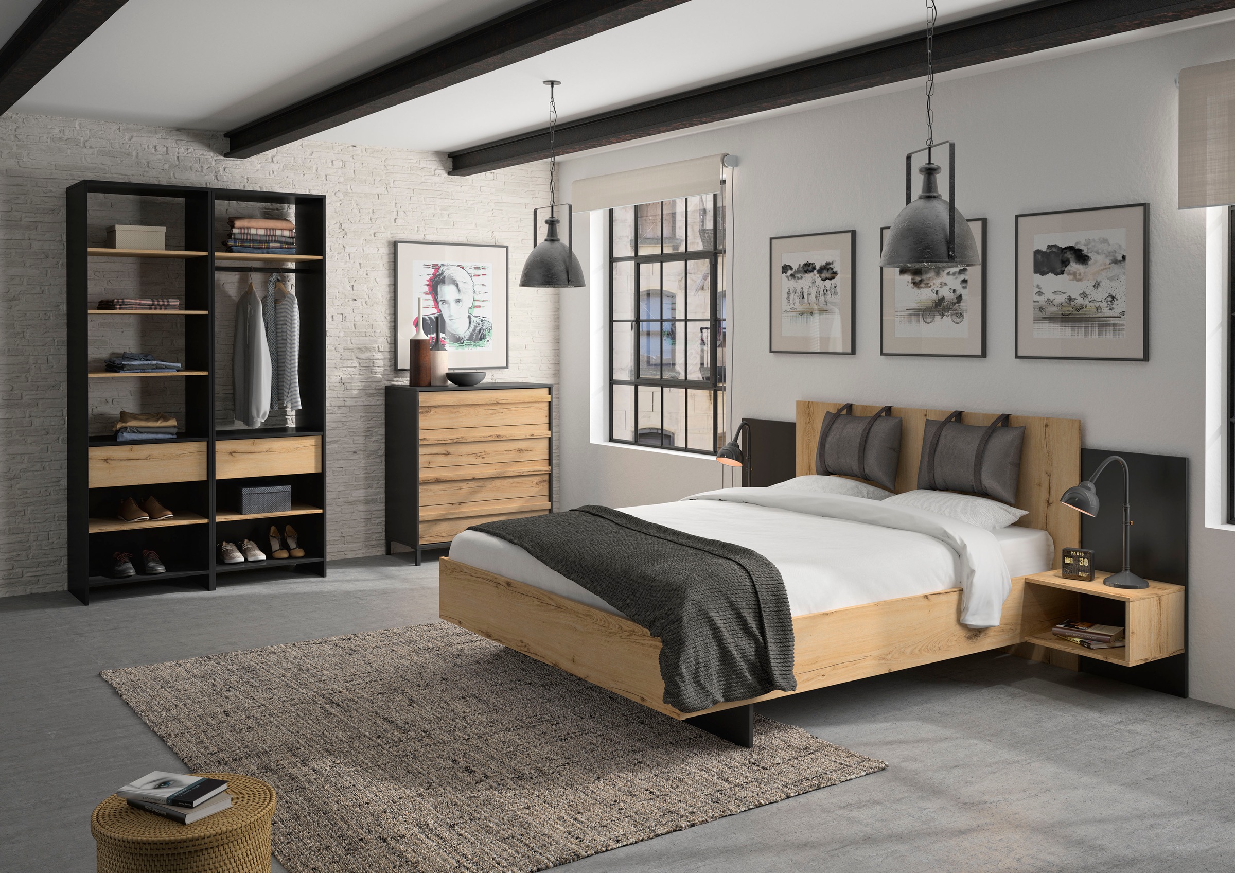 Gami Schlafzimmer-Set »Mimizan« Bett, 2 Kissen und inkl. 2x Nachttische, 1x Kleiderschrank, 1x Kommode, 6 Stk. tlg.