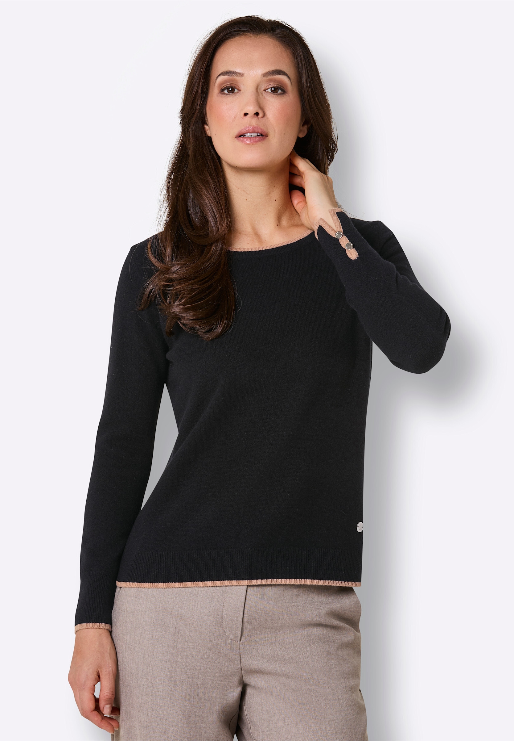 creation L Strickpullover »Merino-Pullover Wollpullover mit Kontrastkanten«