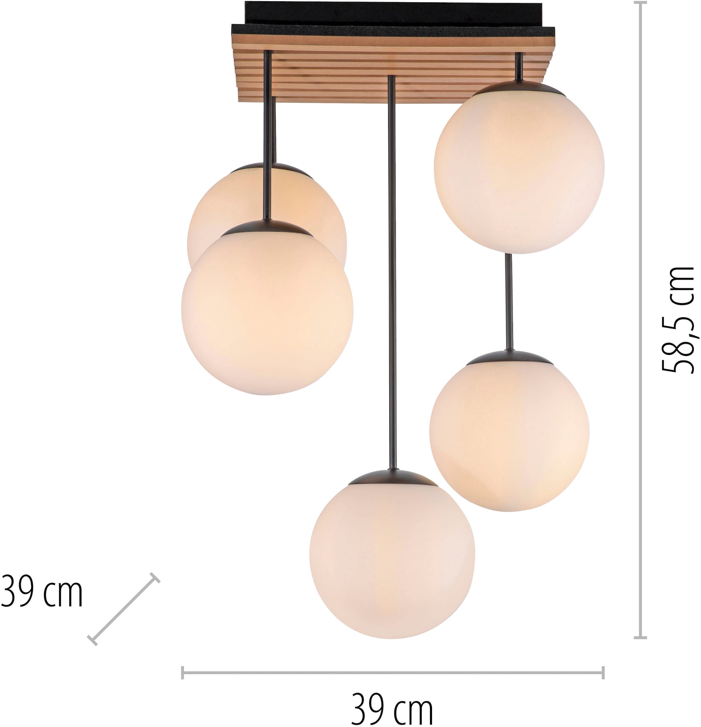 my home Deckenleuchte »Erinette Akustikpaneele mit Glaskugeln«, 5 flammig, Leuchtmittel E14 | ohne Leuchtmittel-Leuchtmittel wechselbar, Holz, Akustik, Paneele, Glas, Deckenlampe E14