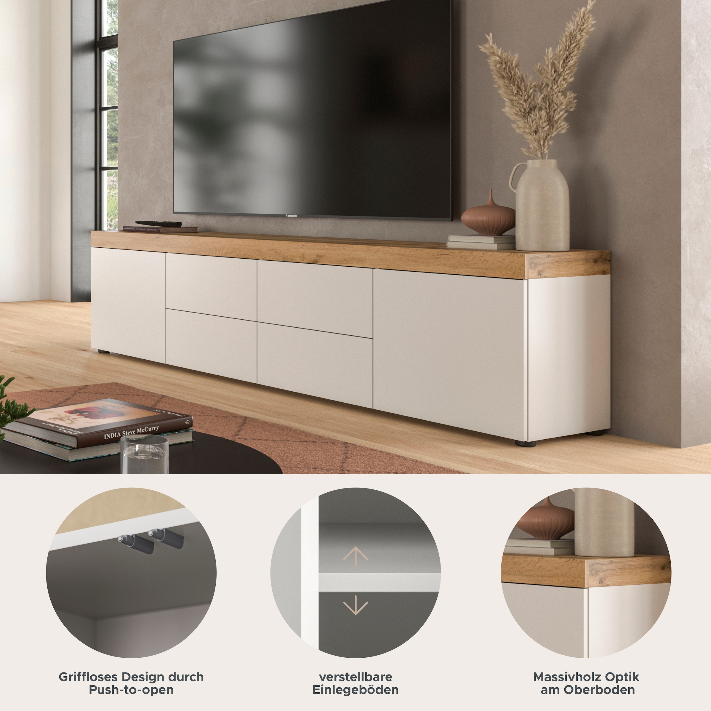 OTTO home Lowboard »MAMBO, TOPSELLER!, Breite 200cm, 2 Türen, 4 Schubkästen, push-2-open« 2 farbige Ausführung, in verschiedenen Farben erhältlich, 1 Stk. tlg. Lowboard, TV Unterschrank, Tv-Schrank, Wohnzimmer