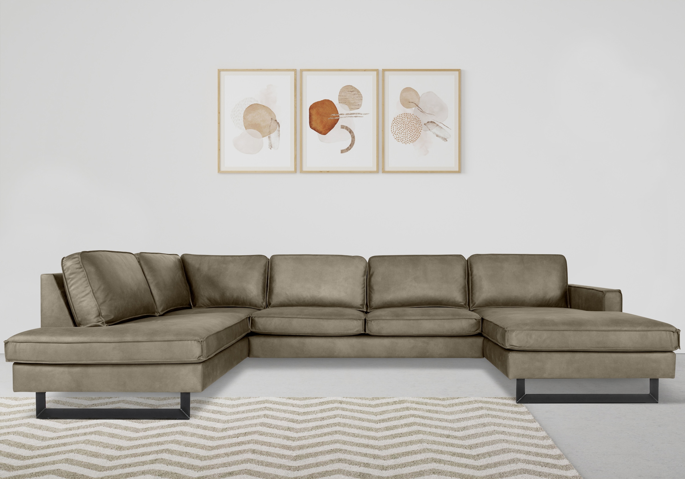 Places of Style Wohnlandschaft »Pinto, 350 cm, U-Form, XXL, mit Ottomanen«, Cord, Chenille, Lederoptik, mit Keder, Metallfüße, Wellenunterfederung