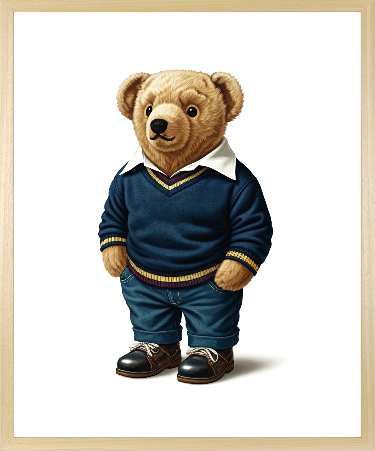 queence Bild mit Rahmen »Vintage Polo Teddy Bär in Pullover und Hemd« Bär | Bären | Fashion | Figuren | Mode | Modebilder HD Premium Poster-Druck inkl. Echtholzrahmen in beige