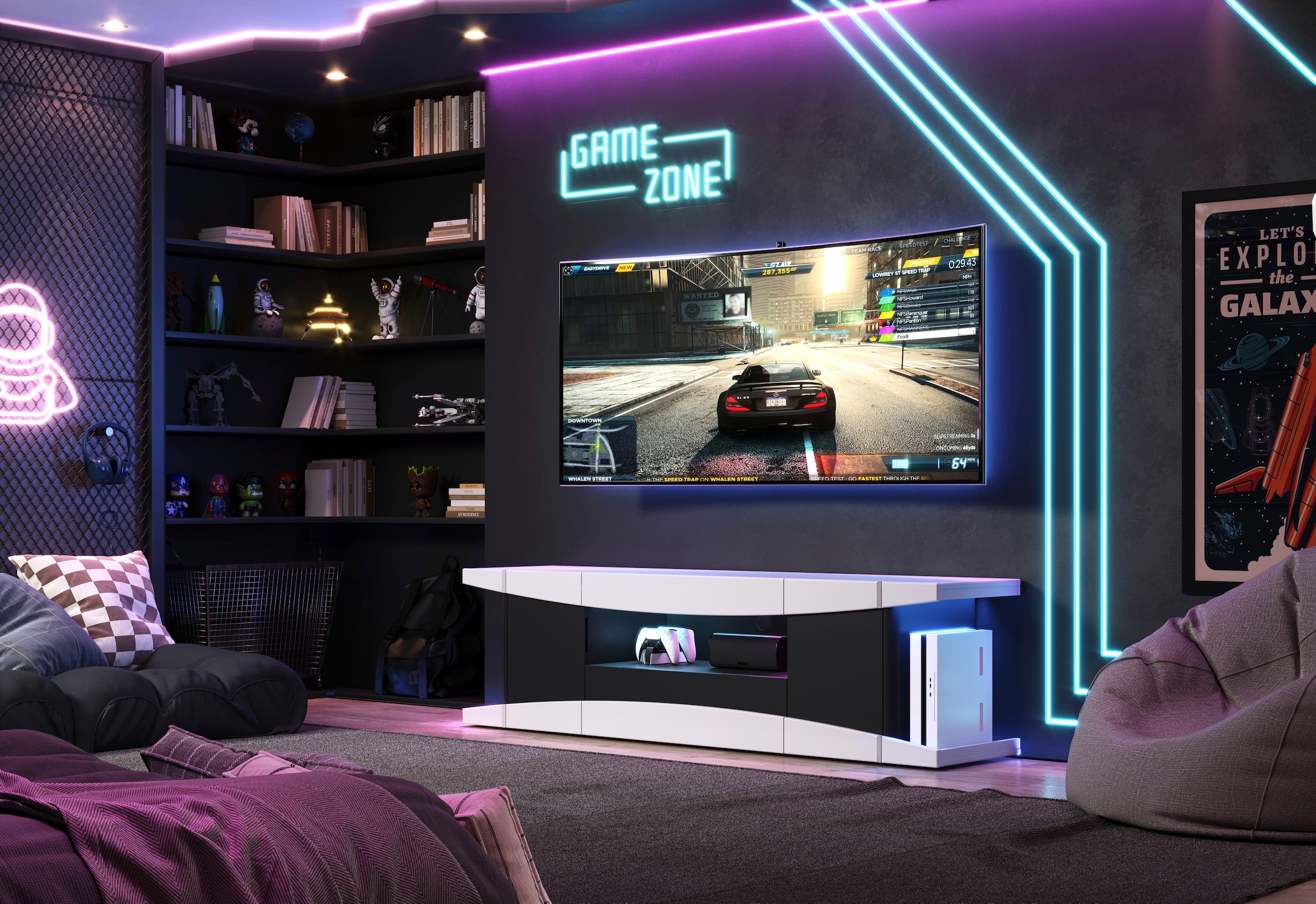 Home affaire Lowboard »NextLevel speziell geeignet für Spielekonsolen« Gaming-Lowboard wahlweise mit Beleuchtung - (B/T/H) 180/42/52 cm