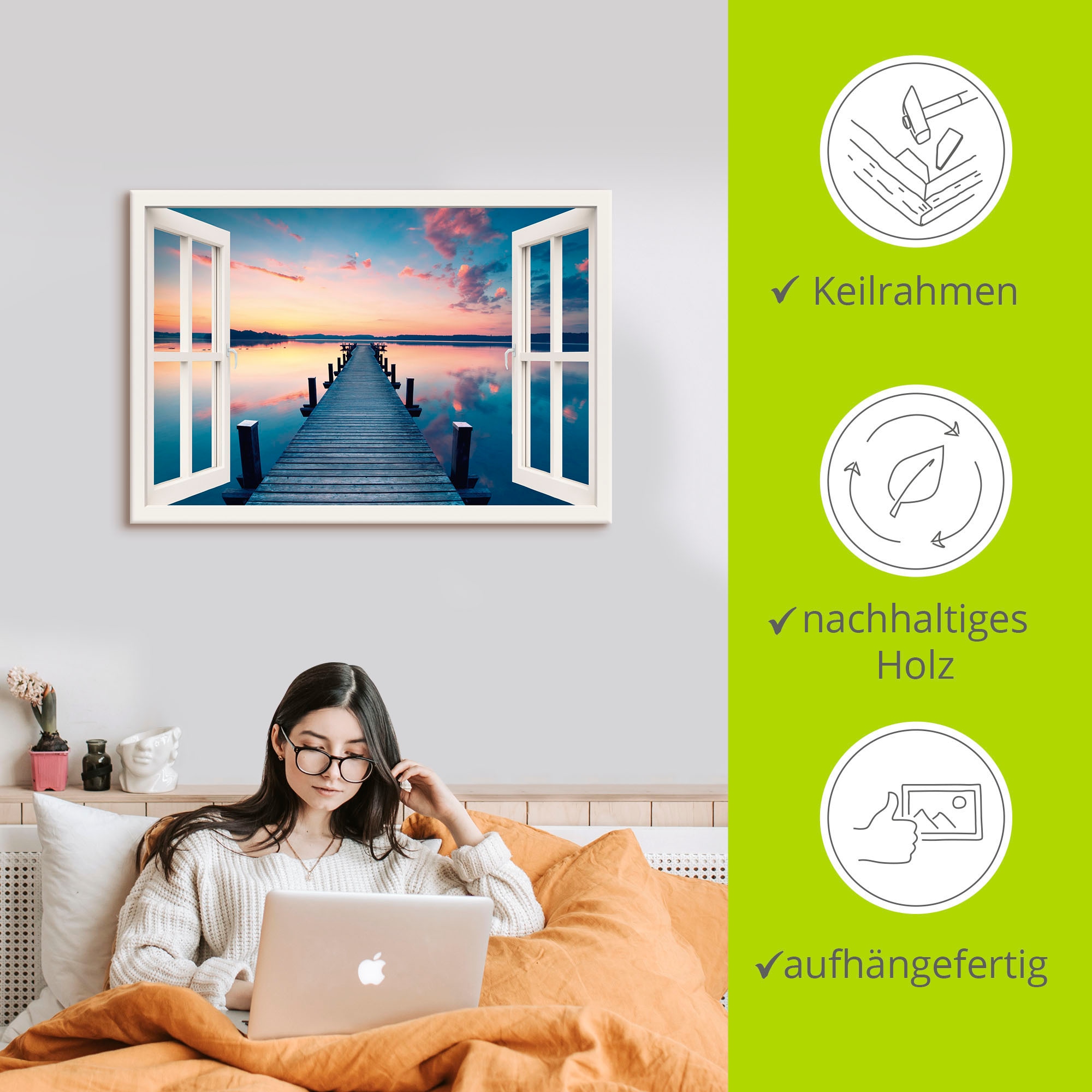Artland Wandbild »Pier im Sonnenaufgang«, Fensterblick, (1 St.), als Leinwandbild, Poster in verschied. Größen