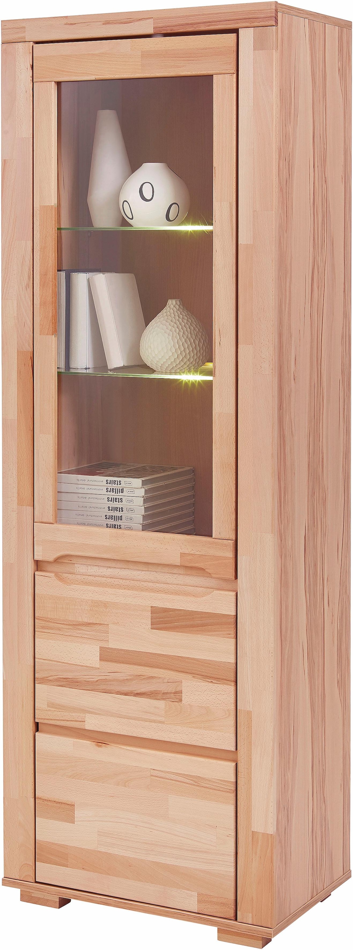 Home affaire Vitrine »DENIS75, 5 Fächer, Teilmassiv, 1 Tür mit Glaseinsatz, grifflos« B/T/H:65/40/190cm, Einlegeboden teilwese verstellbar, Kernbuche geölt.