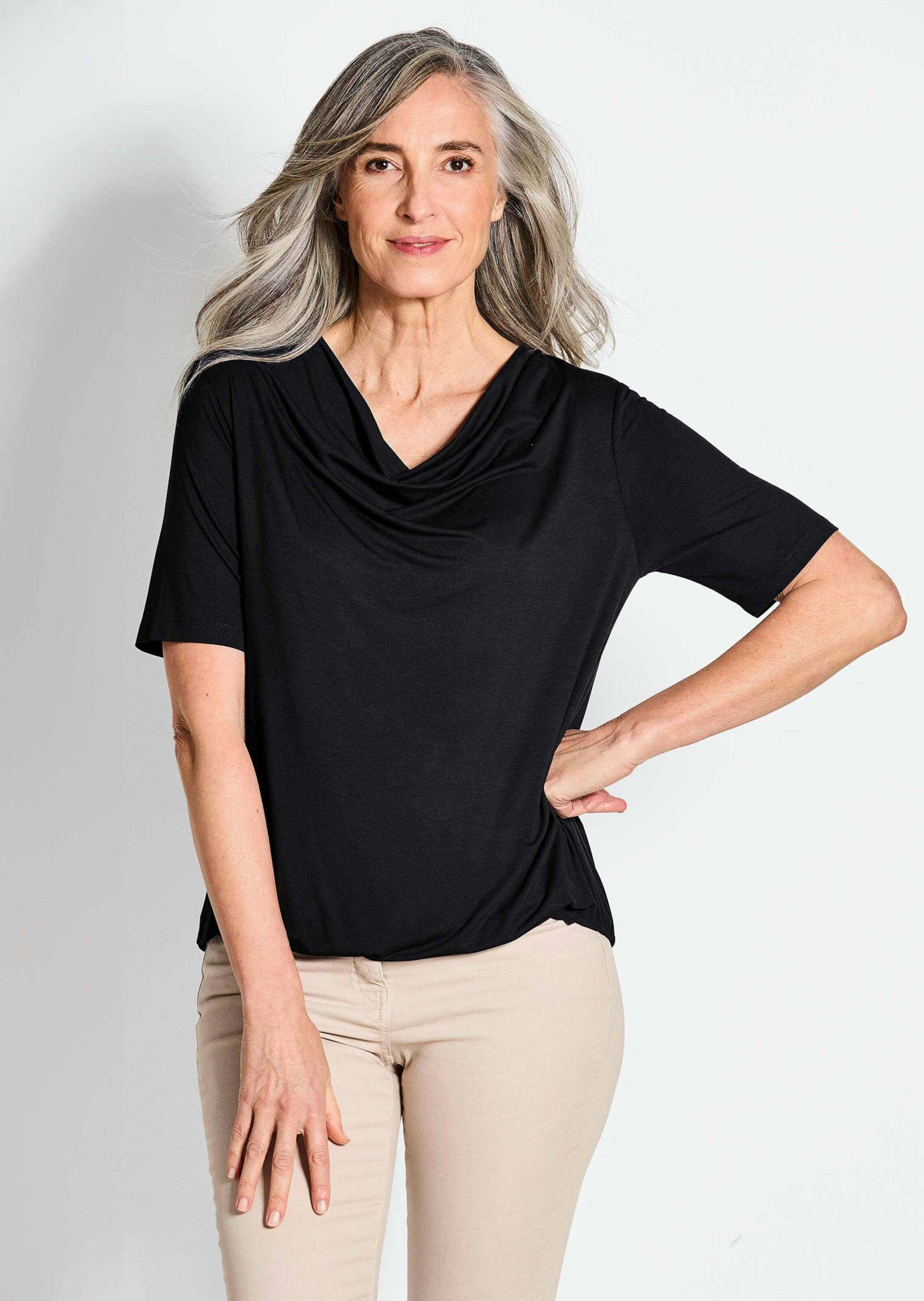 GOLDNER Kurzarmshirt »Kurzgröße Blusenshirt mit Wasserfallausschnitt« Sonstige
