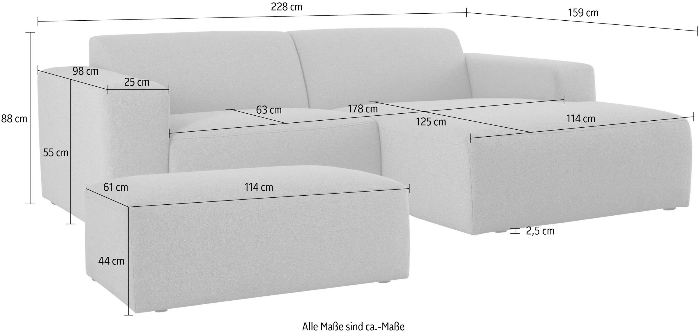 INOSIGN Ecksofa »Koa,228cm, L-Form, Modulsofa, Webstoff, Cord«, Designsofa, Set, Hocker inklusive, weicher Lounge-Sitzkomfort