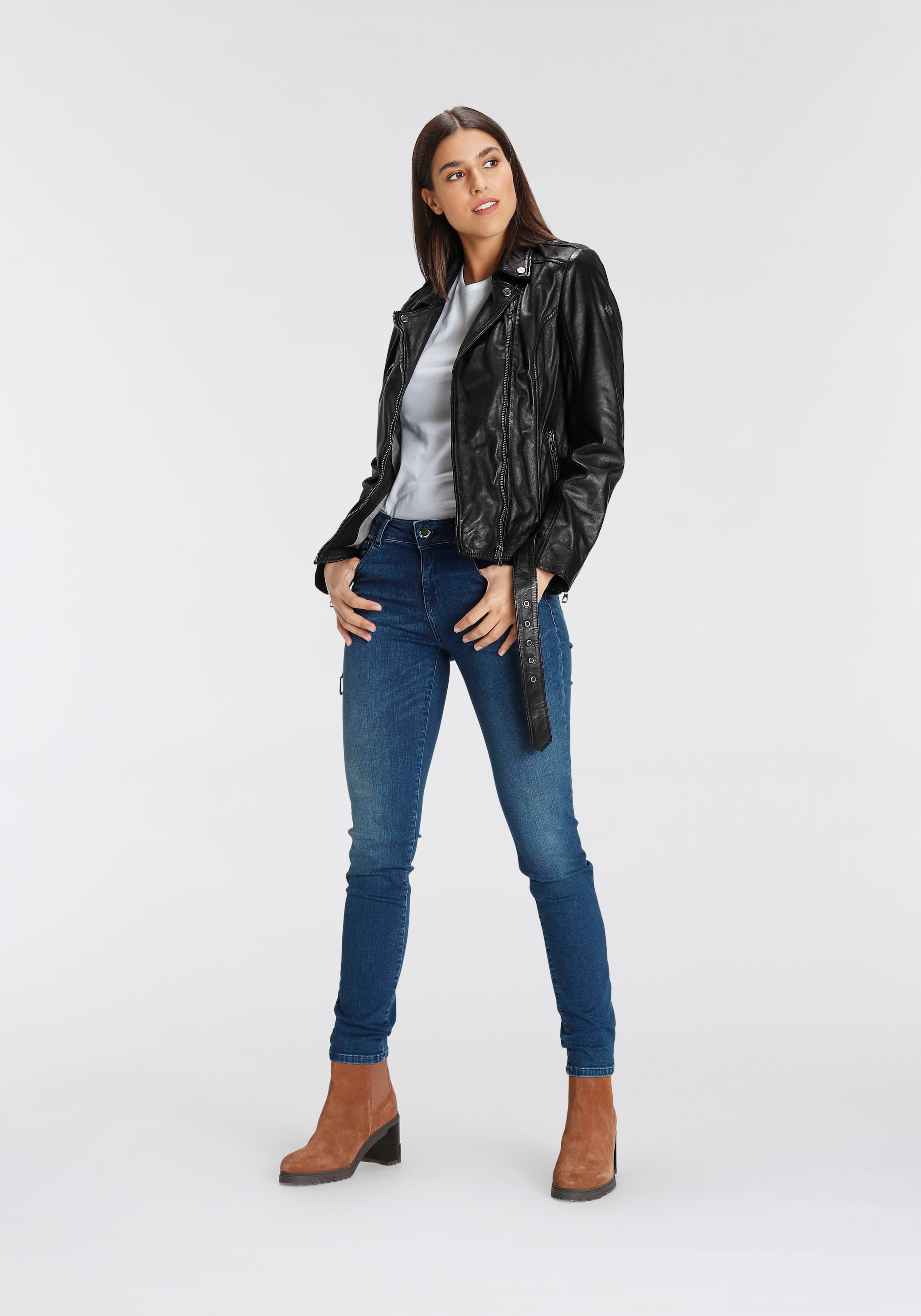 Mauritius Lederjacke »AUBREE«, lässige Bikerjacke mit Gürtel