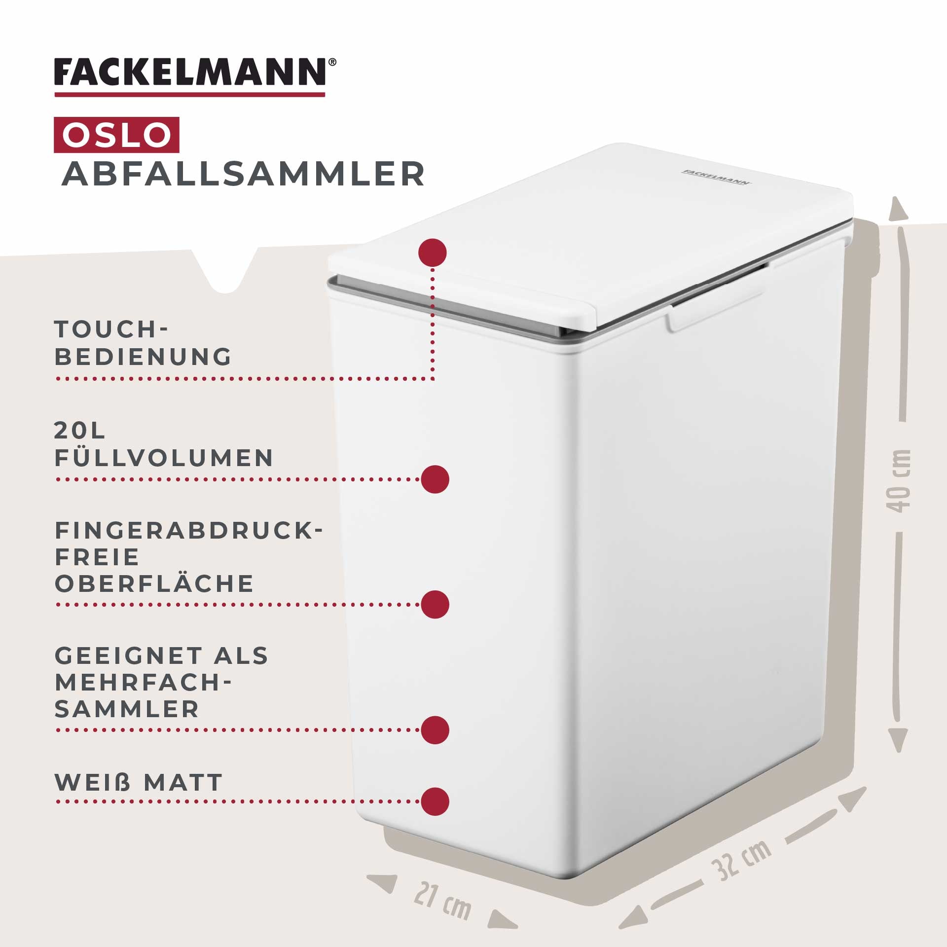 FACKELMANN Mülleimer »OSLO, Touch Abfalleimer« 1 Behälter ideal als Mehrfachsammler, leicht & robust mit sanfter Touch-Öffnung