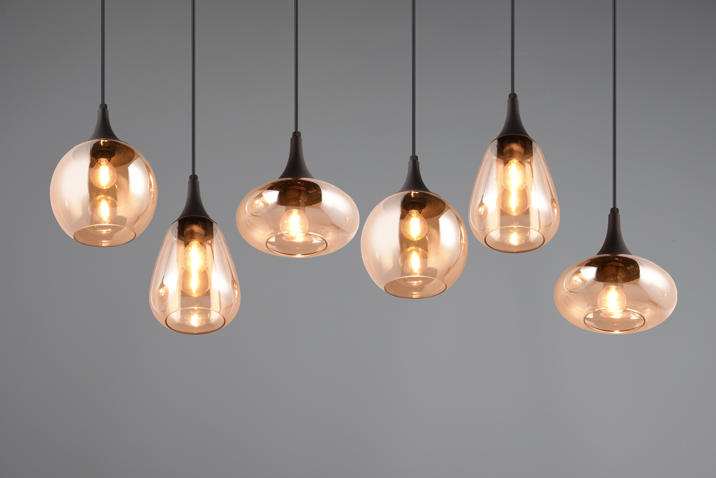 TRIO Leuchten Pendelleuchte »Lumina, E14 Hängelampe 6-flammig Glasschirme in 3 Formen amberfarbig« E14 1 Stk. warmweiß - kaltweiß exkl 6x E14 max 40W, Hängeleuchte höhenverstellbar bis max 150 cm