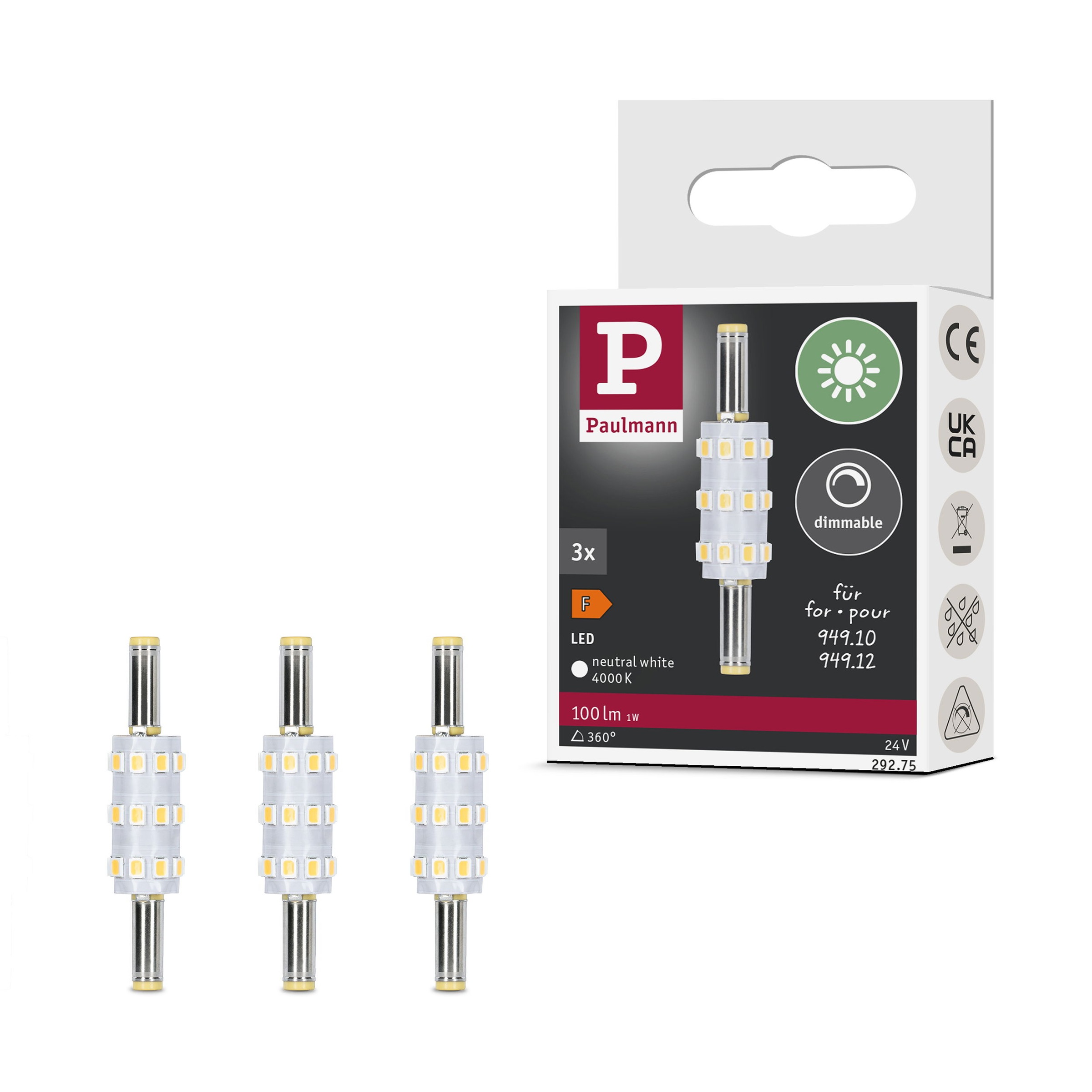 Paulmann LED-Leuchtmittel »3er Pack 100lm 4000K 24V« Niedervolt-Steckverbinder 5,5 mm/2,5 mm 3 Stk. Neutralweiß