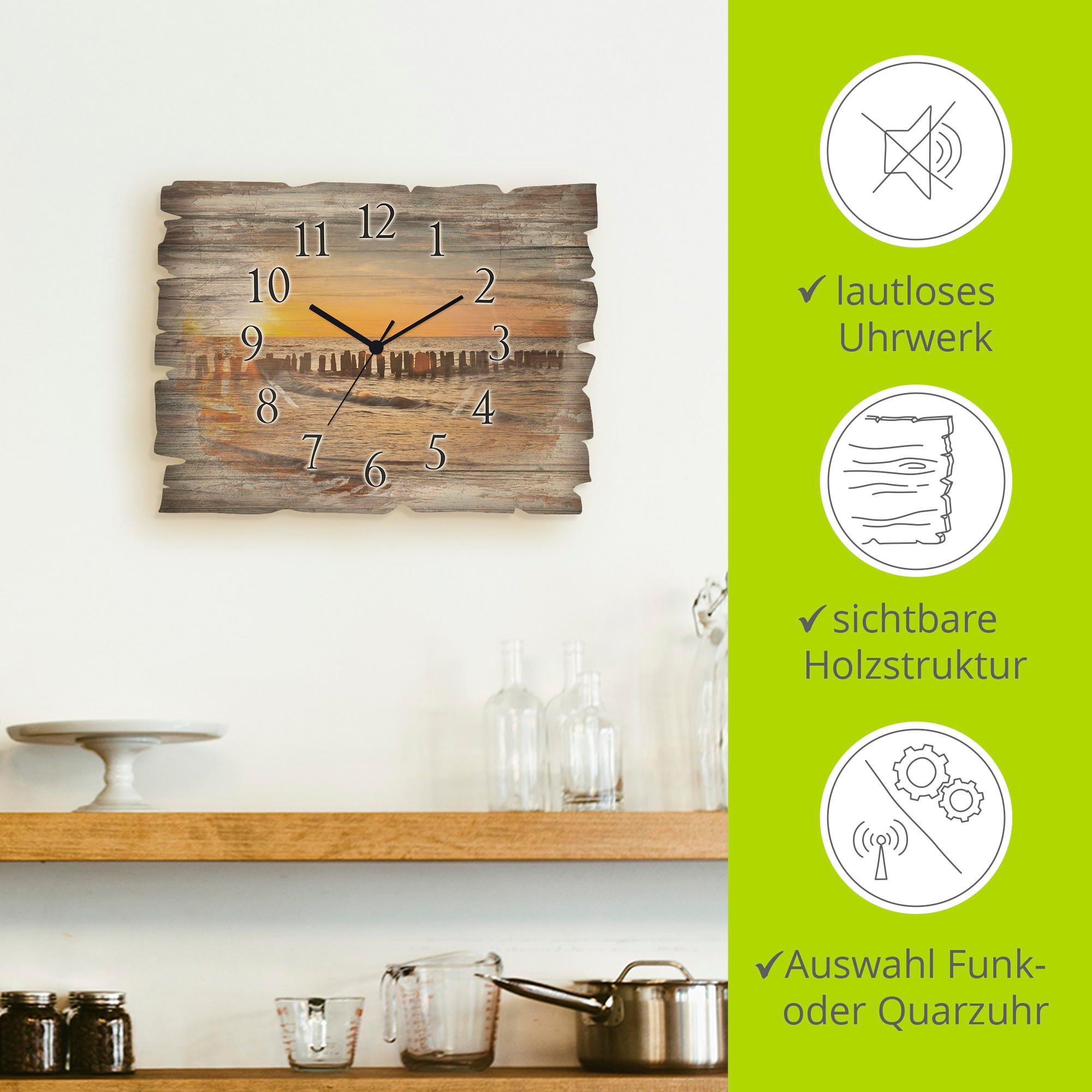 Artland Wanduhr »Schöner Sonnenuntergang am Strand« wahlweise mit Quarz- oder Funkuhrwerk, lautlos ohne Tickgeräusche