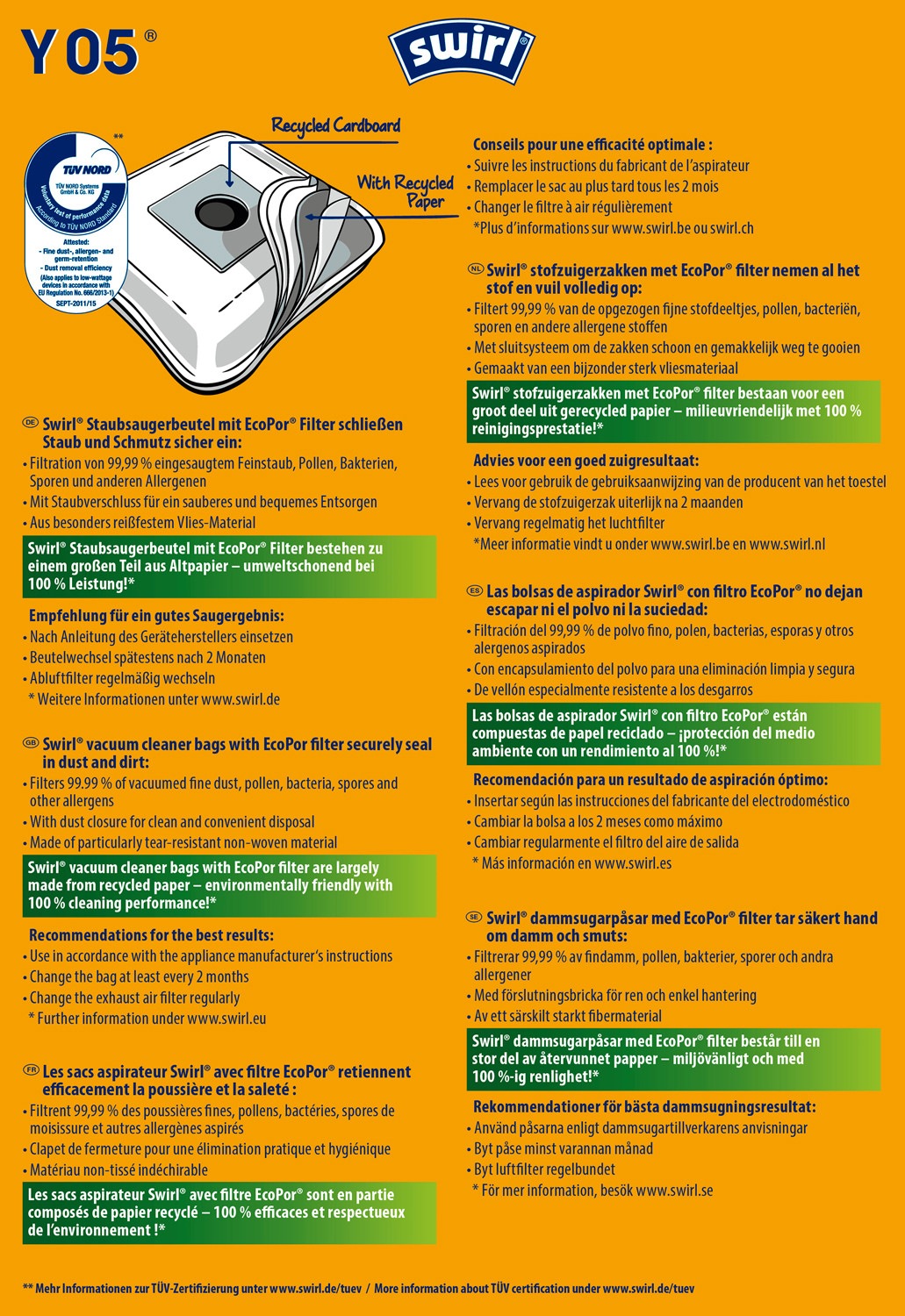 Swirl Staubsaugerbeutel »Swirl® Y 05 EcoPor® XL Vorteilspack für Grundig, Privileg und Nilfisk«, (Packung, 11 St.)