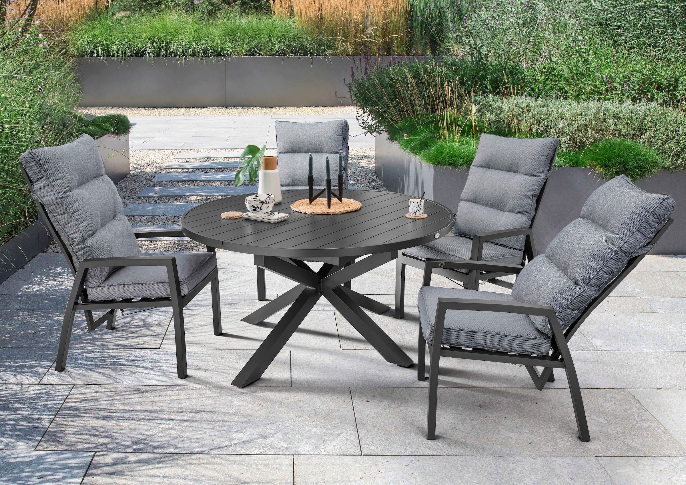 Destiny Garten-Essgruppe »GARDA HL ARONA«, (Set, 5 tlg., 1 Ausziehtisch, 4 Hochlehner verstellbar), (Set, 9-tlg., 4 Hochlehner, 1 Ausziehtisch Ø 120/170x75cm) Aluminium