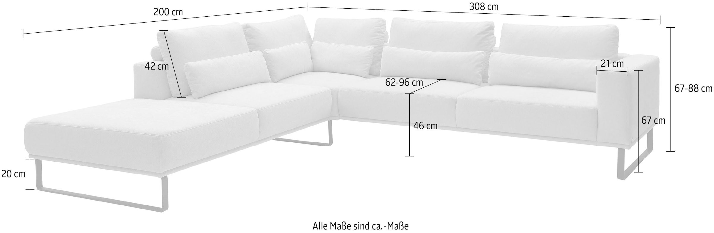 Musterring Ecksofa »JustB! PM100« wahlweise mit Funktion und Kissen, mit Metallkufe, Maße 200 x 308 cm