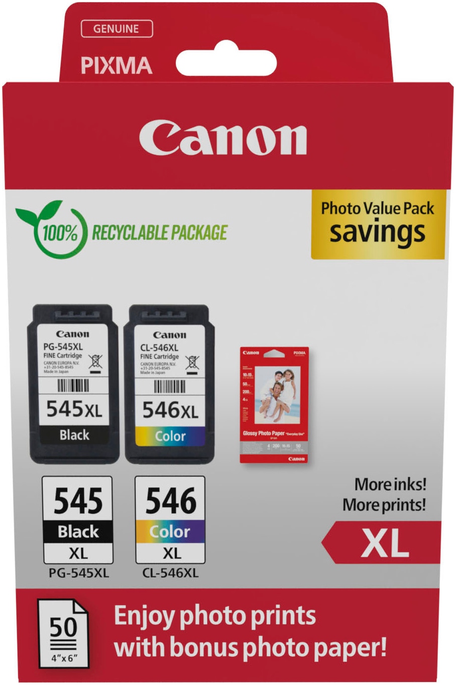 Canon Tintenpatrone »PG-545XL/CL-546XL Tinte mit hoher Reichweite + Fotopapier Value Pack«, (Packung)