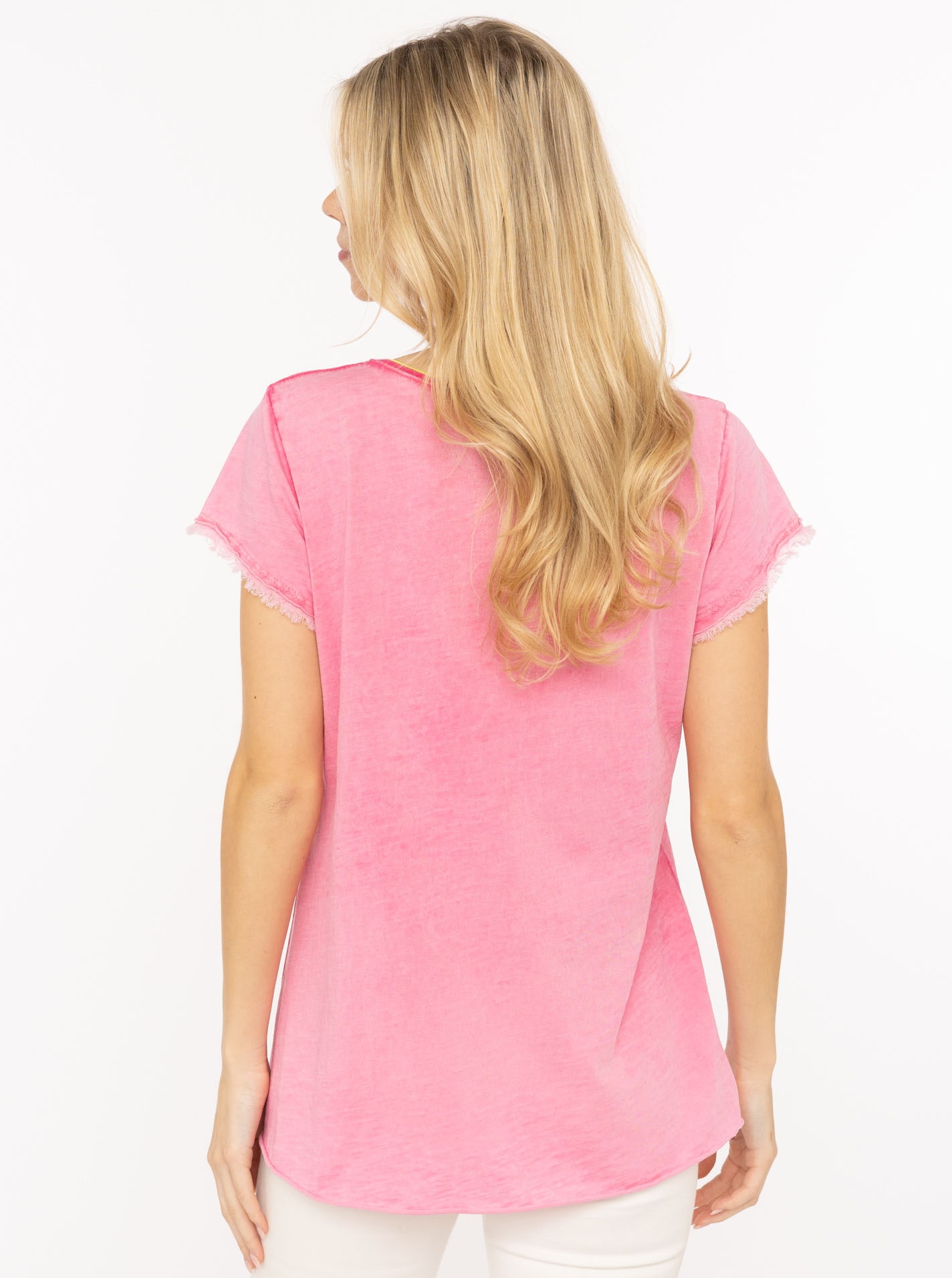 Zwillingsherz Kurzarmshirt »"Positive Mind Neonkante"« ausgefranste Kanten, V-Ausschnitt mit Neonkante, kurzarm, Stempeldruck